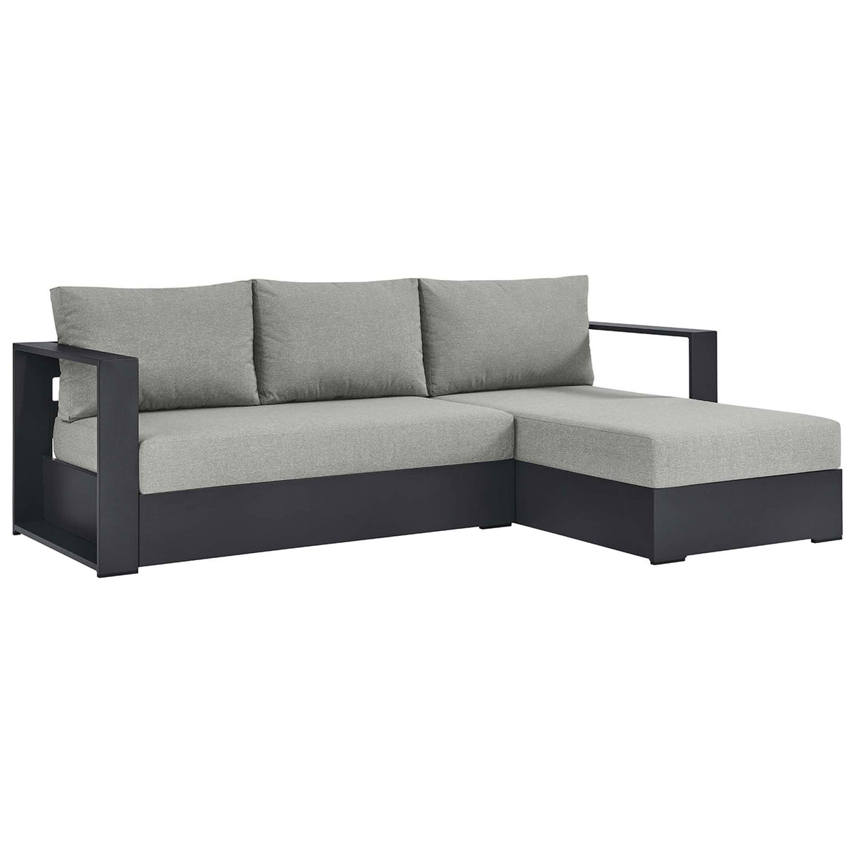 Minimal right-chaise sectional featuring broad arms, a clean base, and soft light gray seating || EEI-6669-GRY-GRY || front_angle_studio
