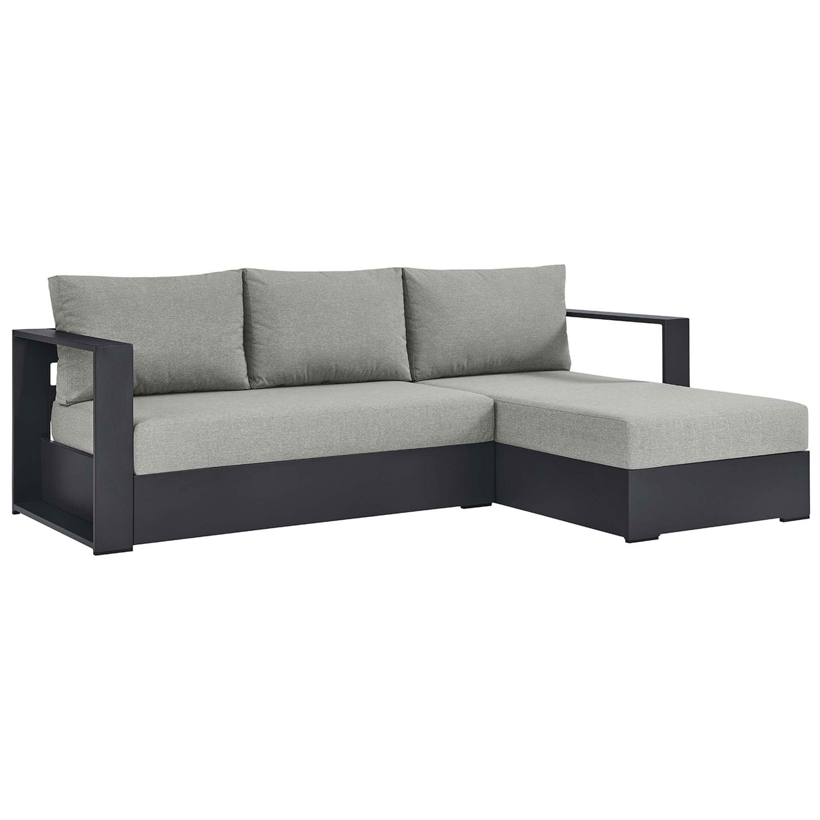 Minimal right-chaise sectional featuring broad arms, a clean base, and soft light gray seating || EEI-6669-GRY-GRY || front_angle_studio