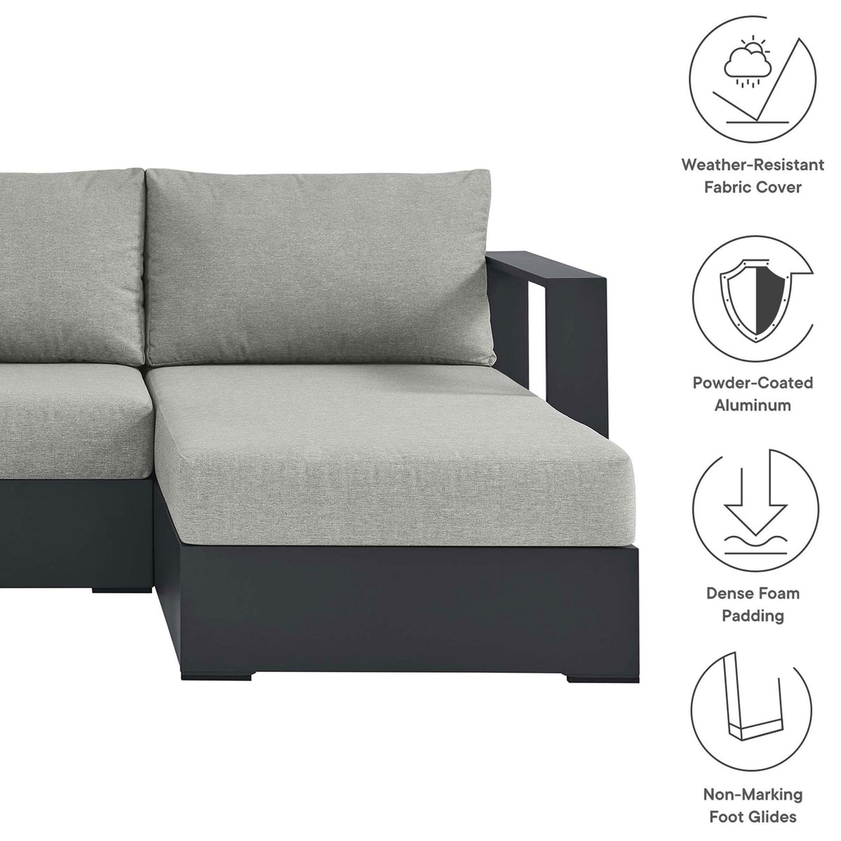 Graphic icons showcase weather-ready fabric, durable aluminum frame, cushioning, and floor-safe feet || EEI-6669-GRY-GRY || callout_studio