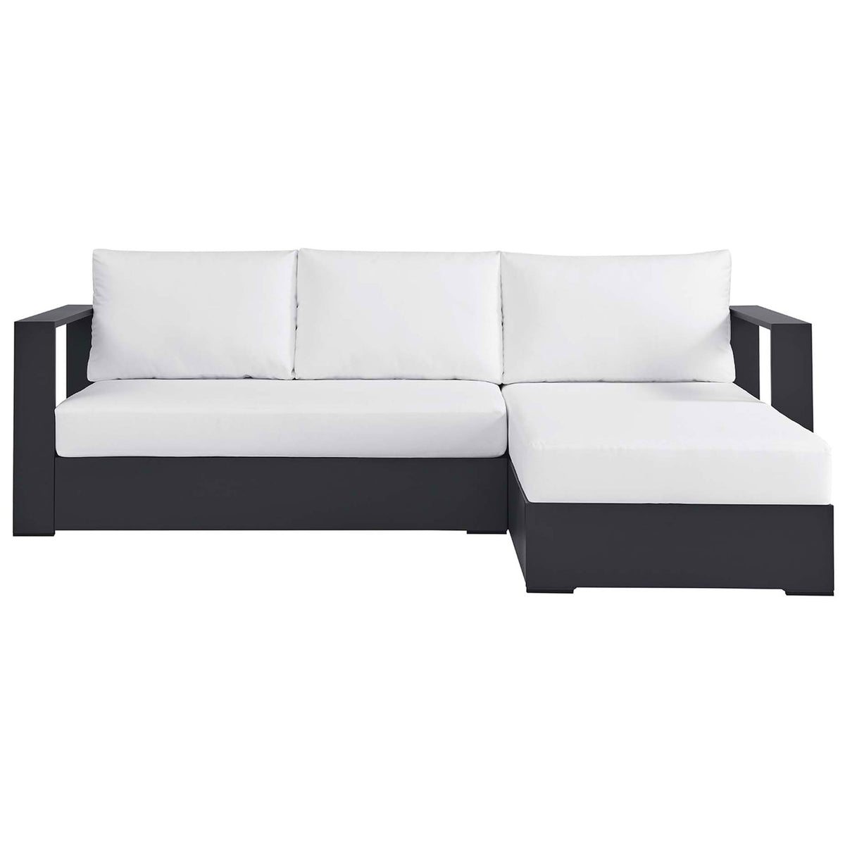 Tahoe outdoor sectional with right chaise, crisp white cushions, and bold geometric arms || EEI-6669-GRY-WHI || front_studio