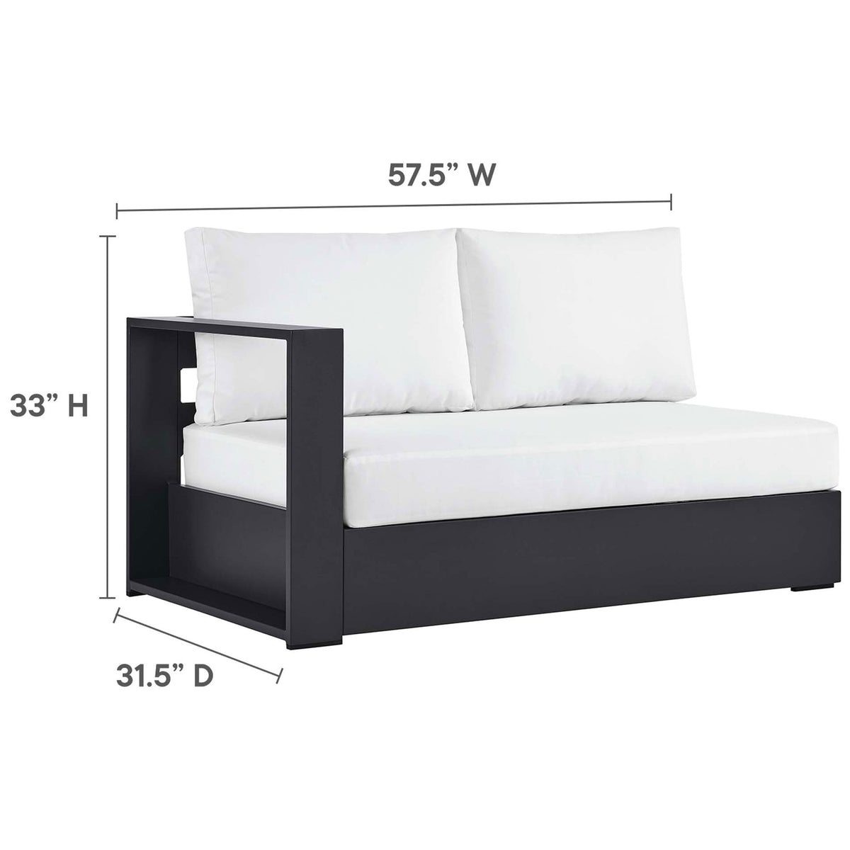 Loveseat module dimensions show ample seating width and supportive back height for guests || EEI-6669-GRY-WHI || dimension_studio
