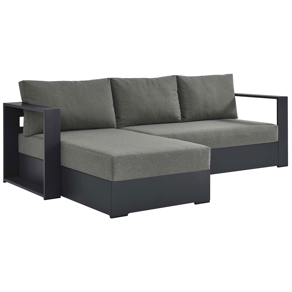 Modern left-chaise outdoor sectional with wide arms and low-profile charcoal base || EEI-6670-GRY-CHA || front_angle_studio