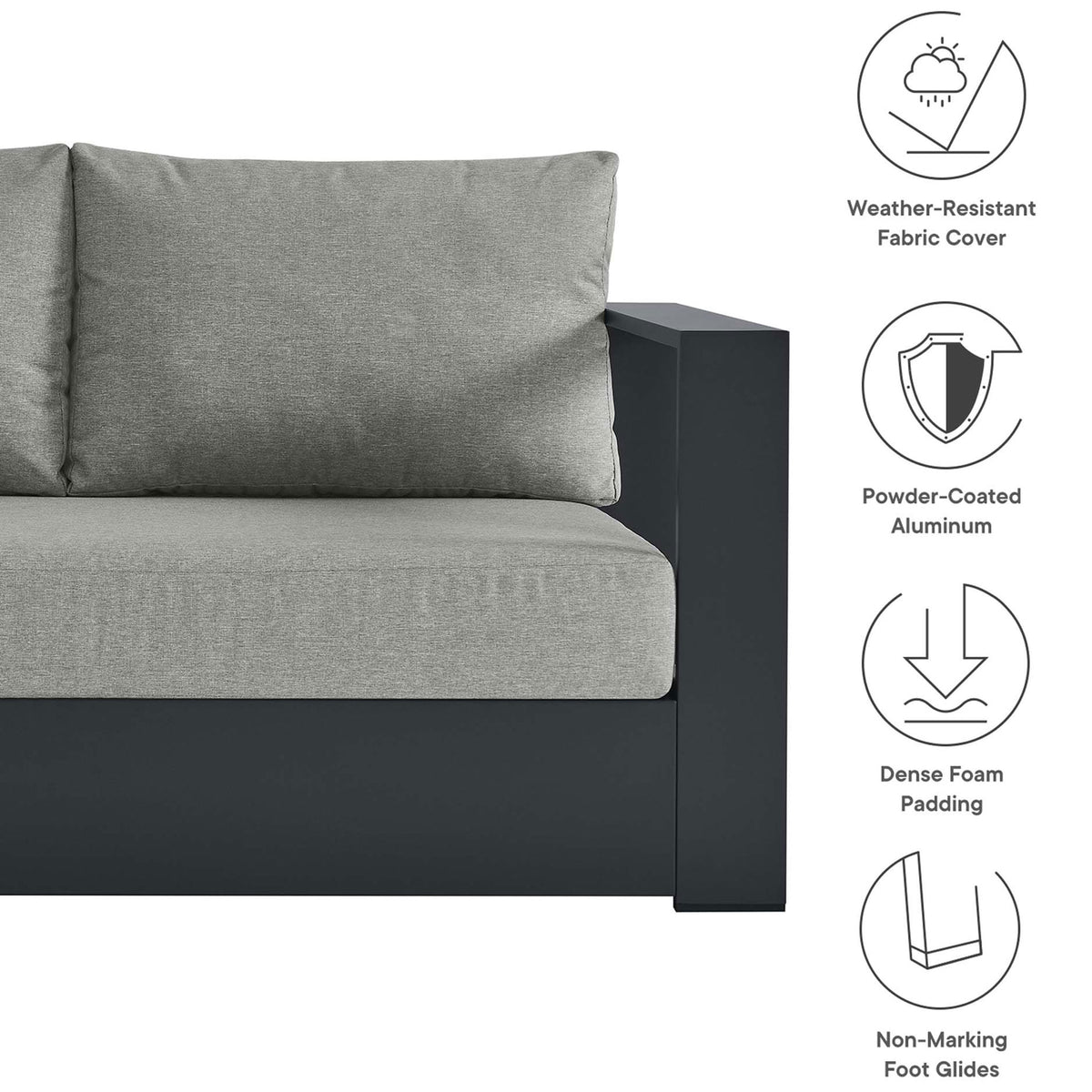 Feature icons call out weather-resistant covers, powder-coated frame, foam, and foot glides || EEI-6670-GRY-GRY || callout_studio