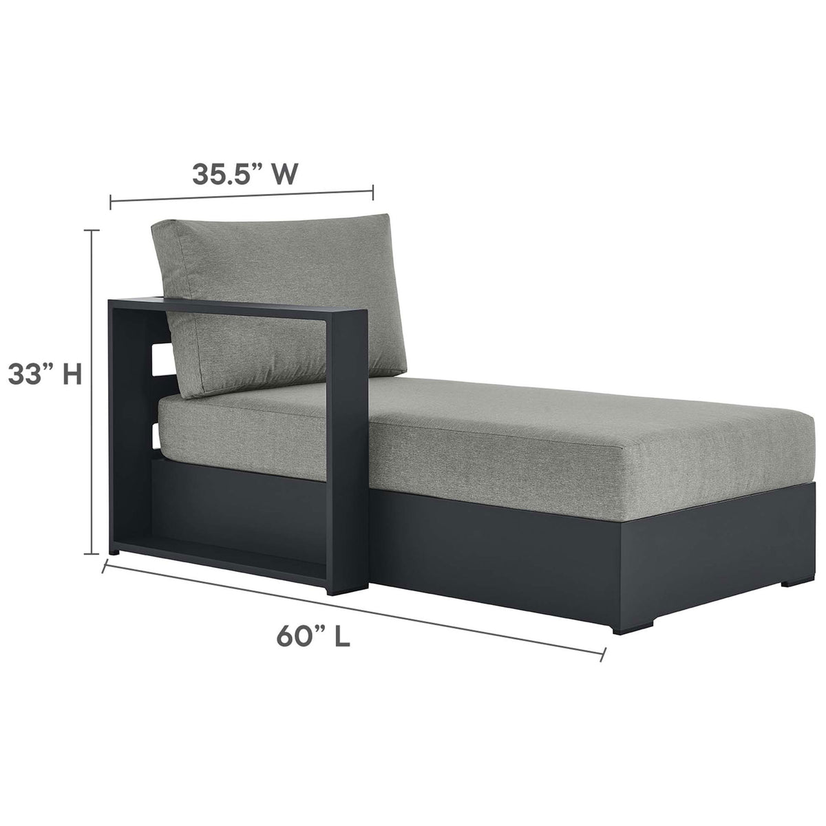 Chaise section dimensions show expansive lounging length and thick, supportive cushion profile || EEI-6670-GRY-GRY || dimension_studio