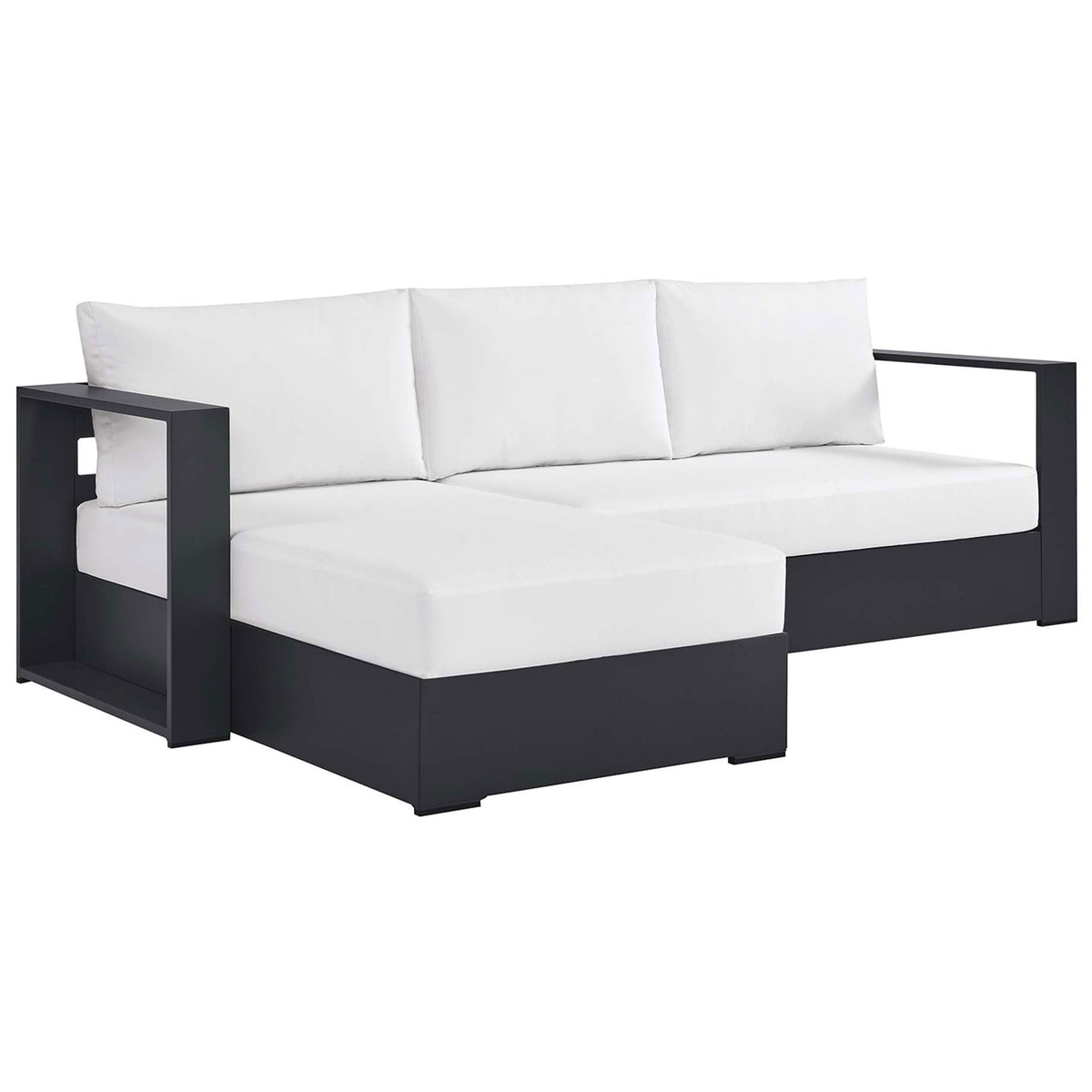 Sleek left-chaise sectional featuring broad arms, white cushions, and a sturdy charcoal base || EEI-6670-GRY-WHI || front_angle_studio