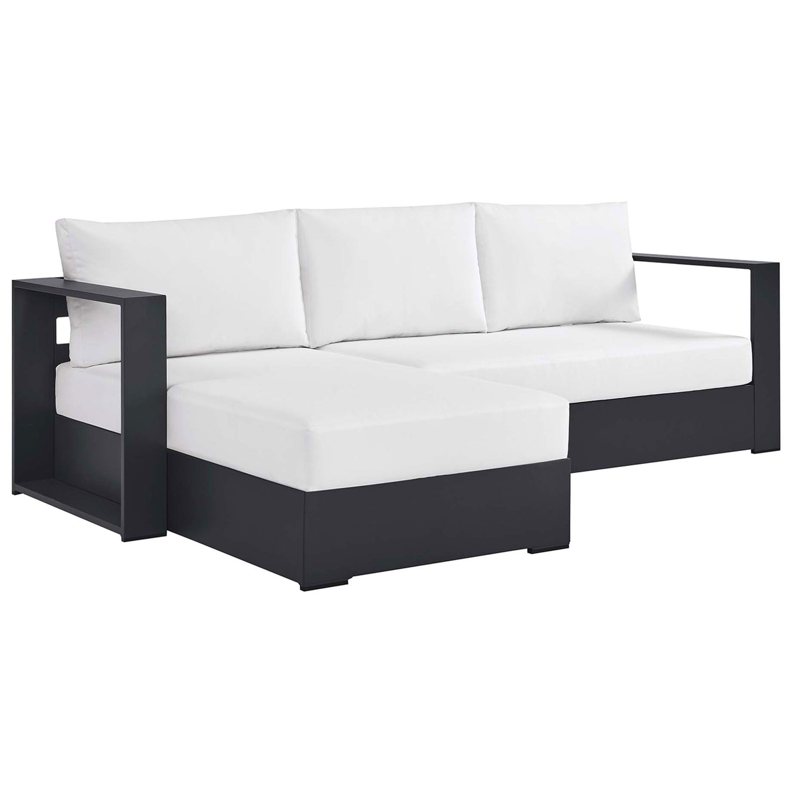 Sleek left-chaise sectional featuring broad arms, white cushions, and a sturdy charcoal base || EEI-6670-GRY-WHI || front_angle_studio