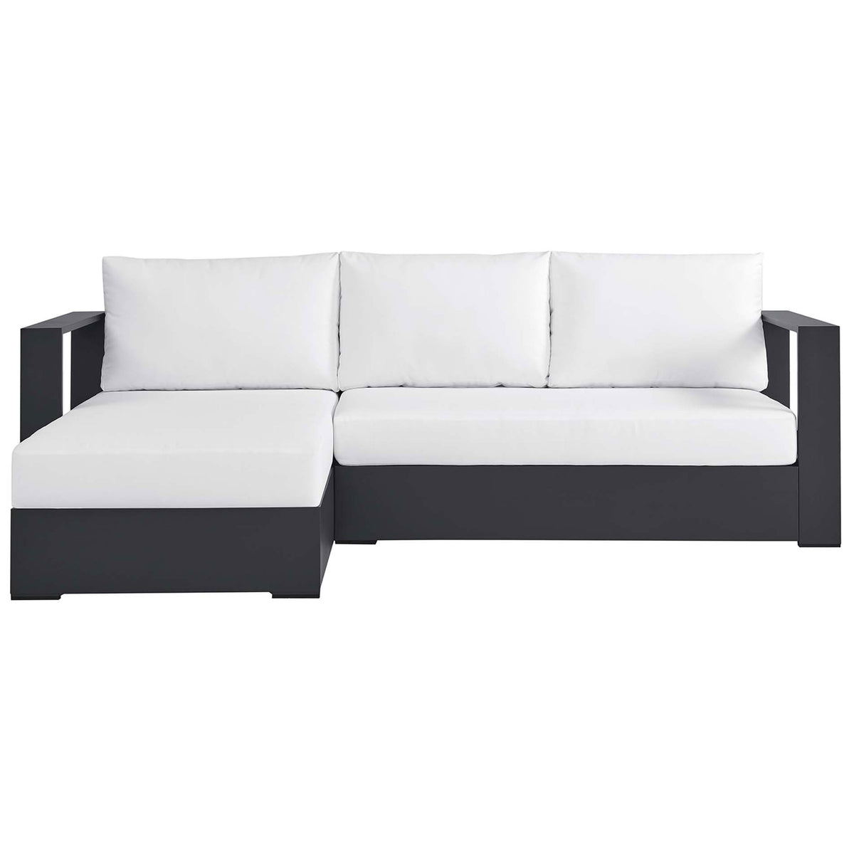 Tahoe outdoor sectional with left chaise, crisp white cushions, and a dark modern frame || EEI-6670-GRY-WHI || front_studio
