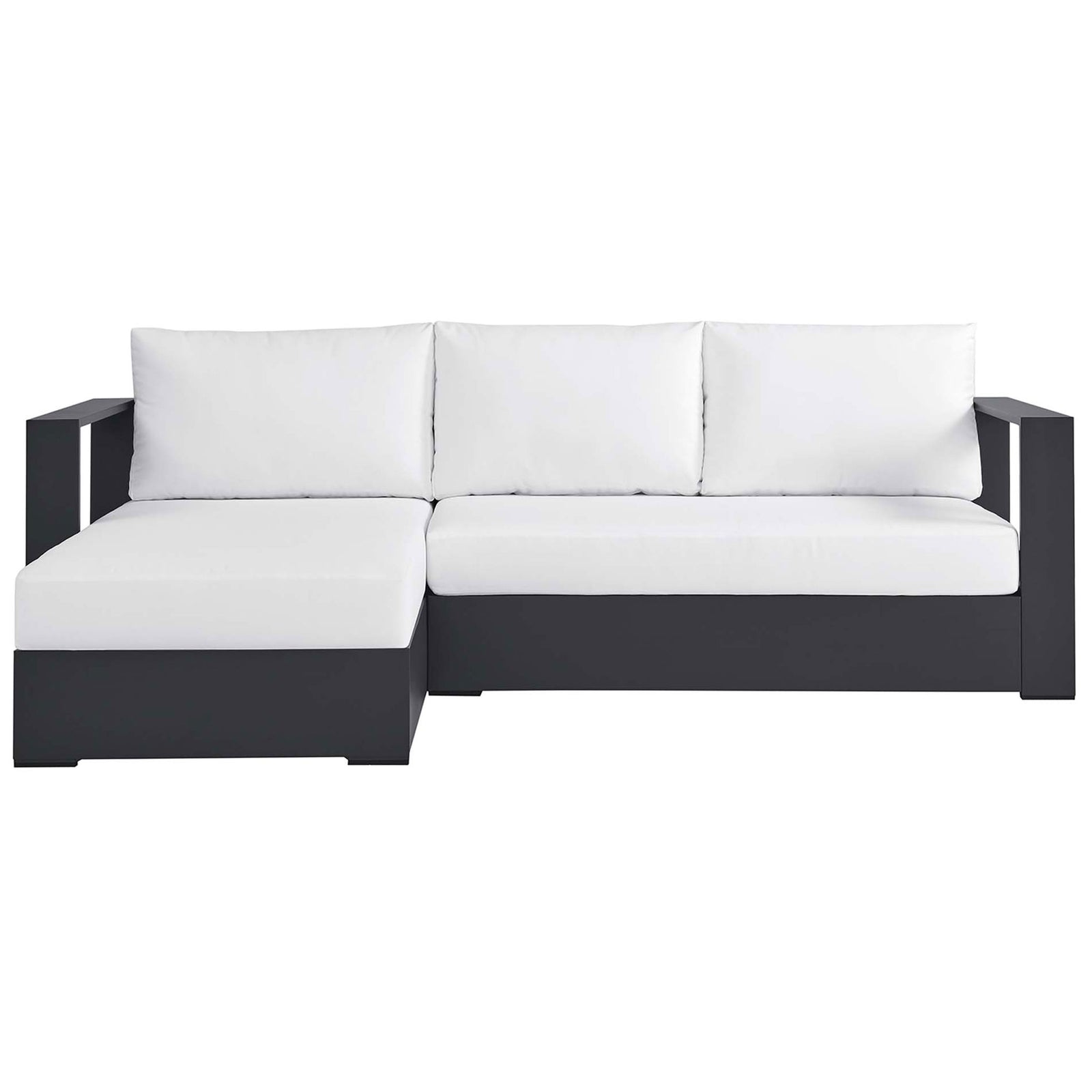 Tahoe outdoor sectional with left chaise, crisp white cushions, and a dark modern frame || EEI-6670-GRY-WHI || front_studio