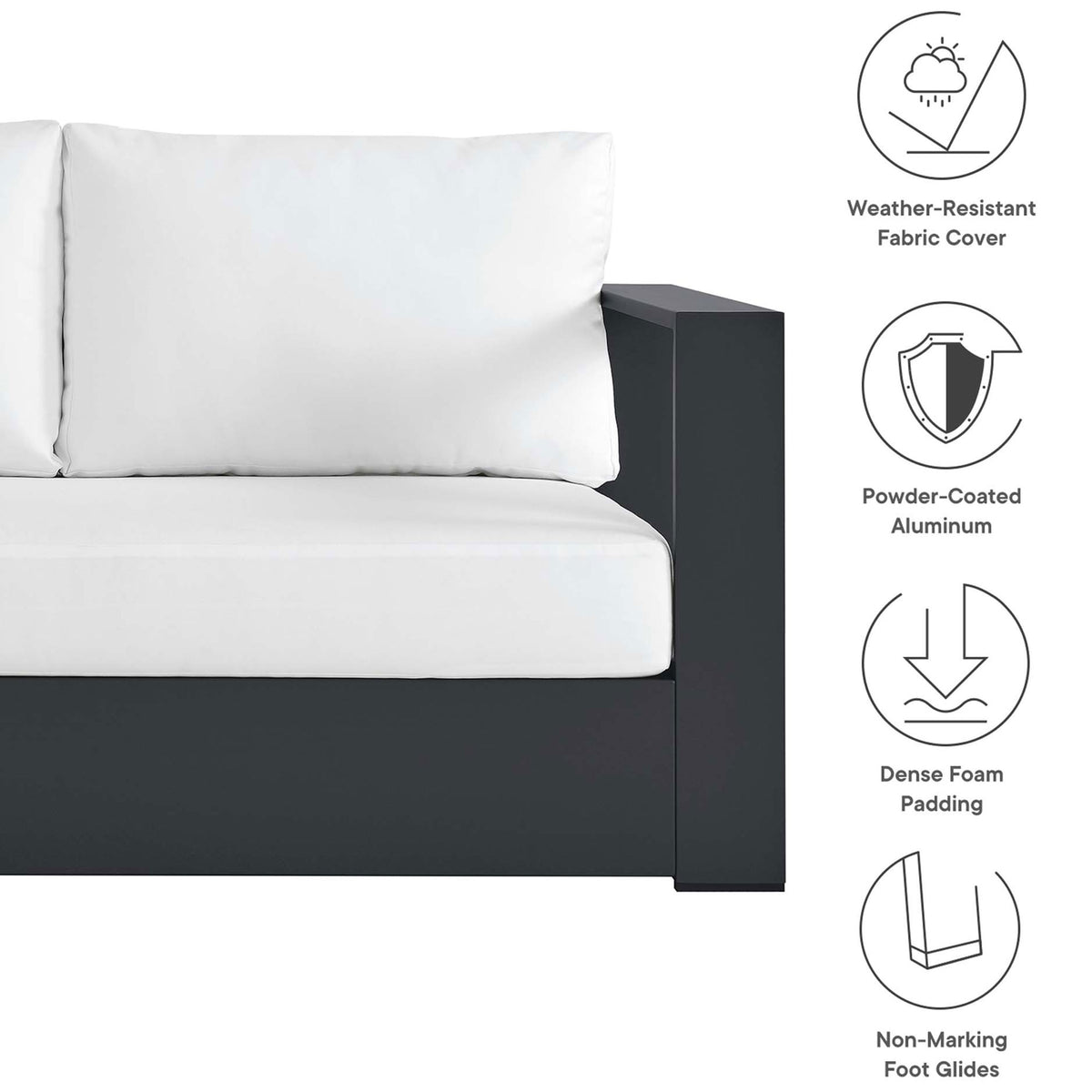 Icons outline weather-resistant white covers, powder-coated frame, dense foam, and protective feet || EEI-6670-GRY-WHI || callout_studio