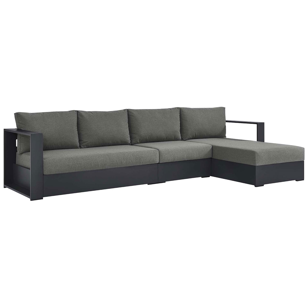 Right facing chaise outdoor sectional emphasizing wide track arms, boxy silhouette, and thick foam cushions || EEI-6671-GRY-CHA || front_angle_studio