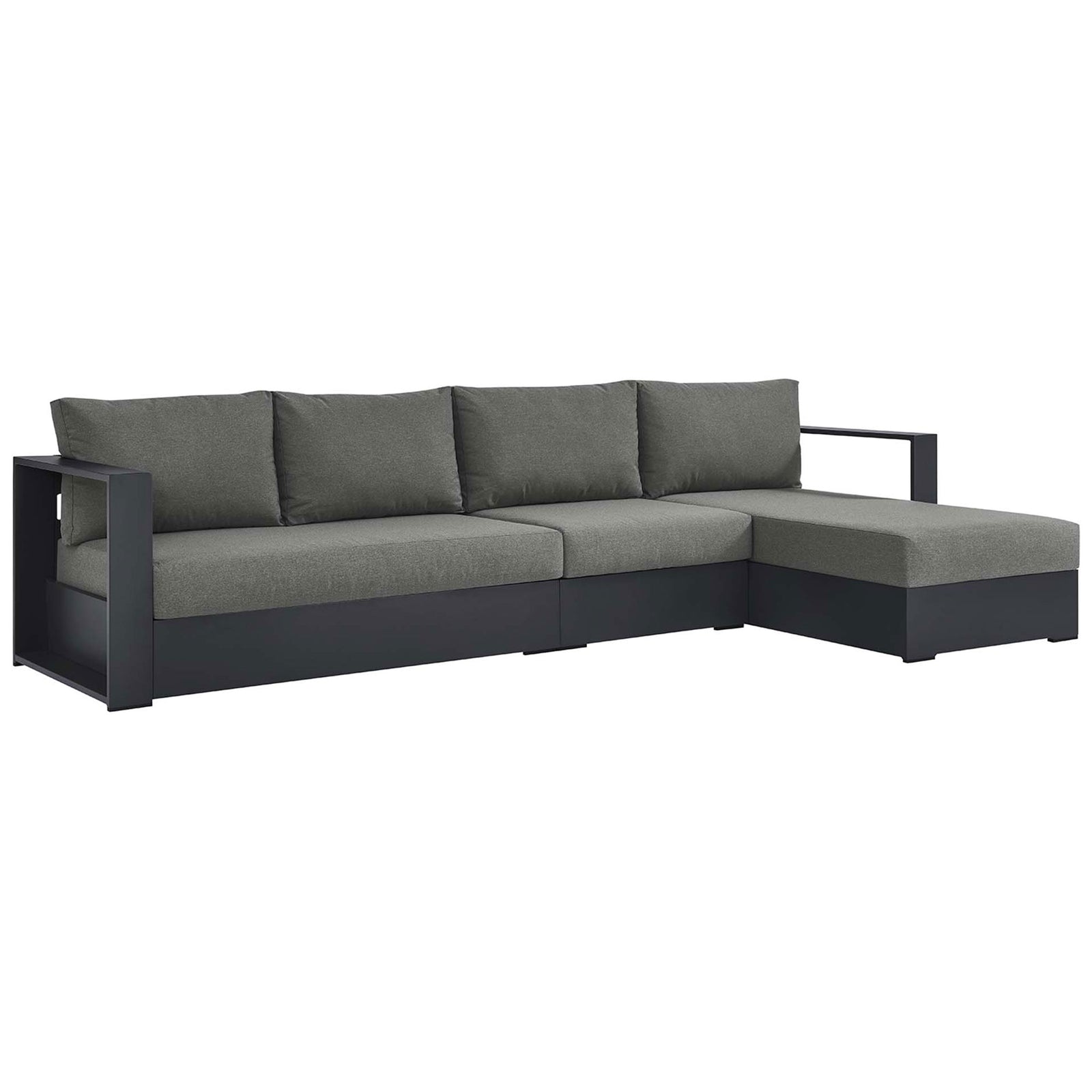 Right facing chaise outdoor sectional emphasizing wide track arms, boxy silhouette, and thick foam cushions || EEI-6671-GRY-CHA || front_angle_studio