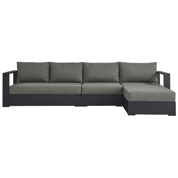 Charcoal gray right chaise sectional with three plush seat cushions and streamlined powder coated aluminum frame || EEI-6671-GRY-CHA || front_studio