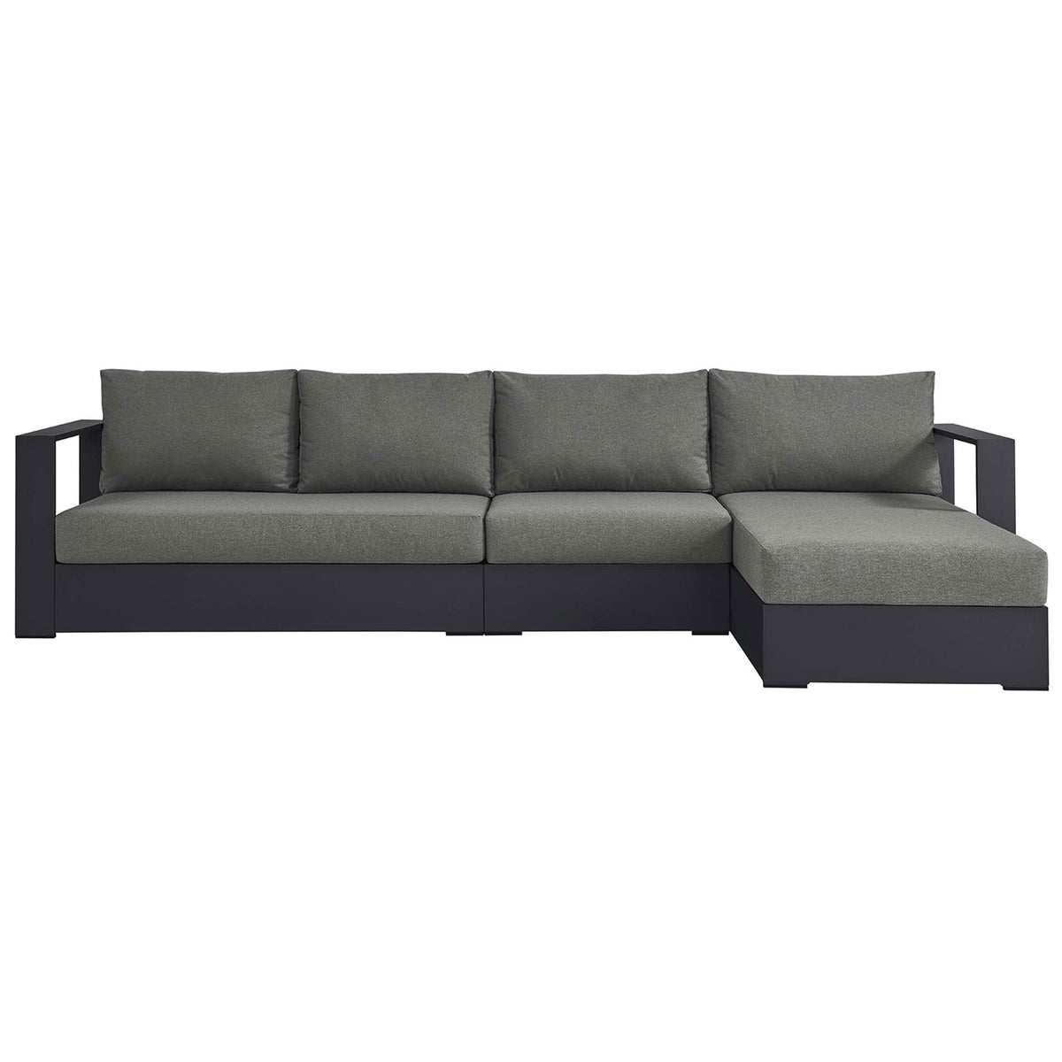 Charcoal gray right chaise sectional with three plush seat cushions and streamlined powder coated aluminum frame || EEI-6671-GRY-CHA || front_studio