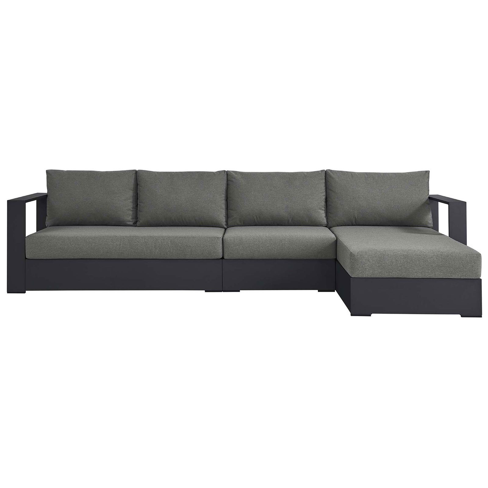 Charcoal gray right chaise sectional with three plush seat cushions and streamlined powder coated aluminum frame || EEI-6671-GRY-CHA || front_studio