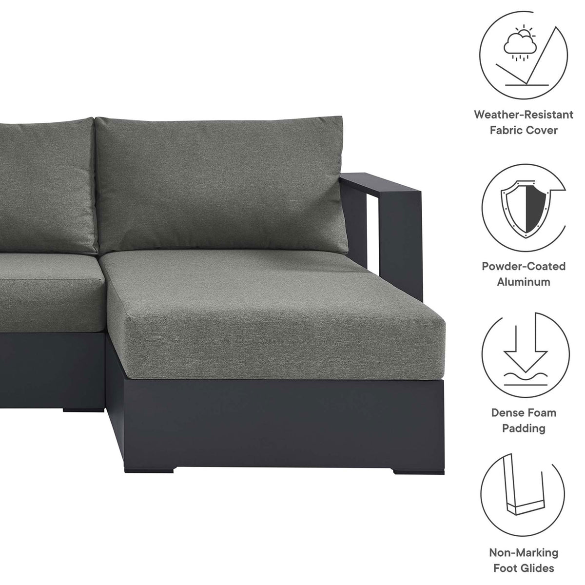Chaise seat and arm with icons calling out weather resistant fabric, aluminum frame, dense foam, and foot glides || EEI-6671-GRY-CHA || callout_studio