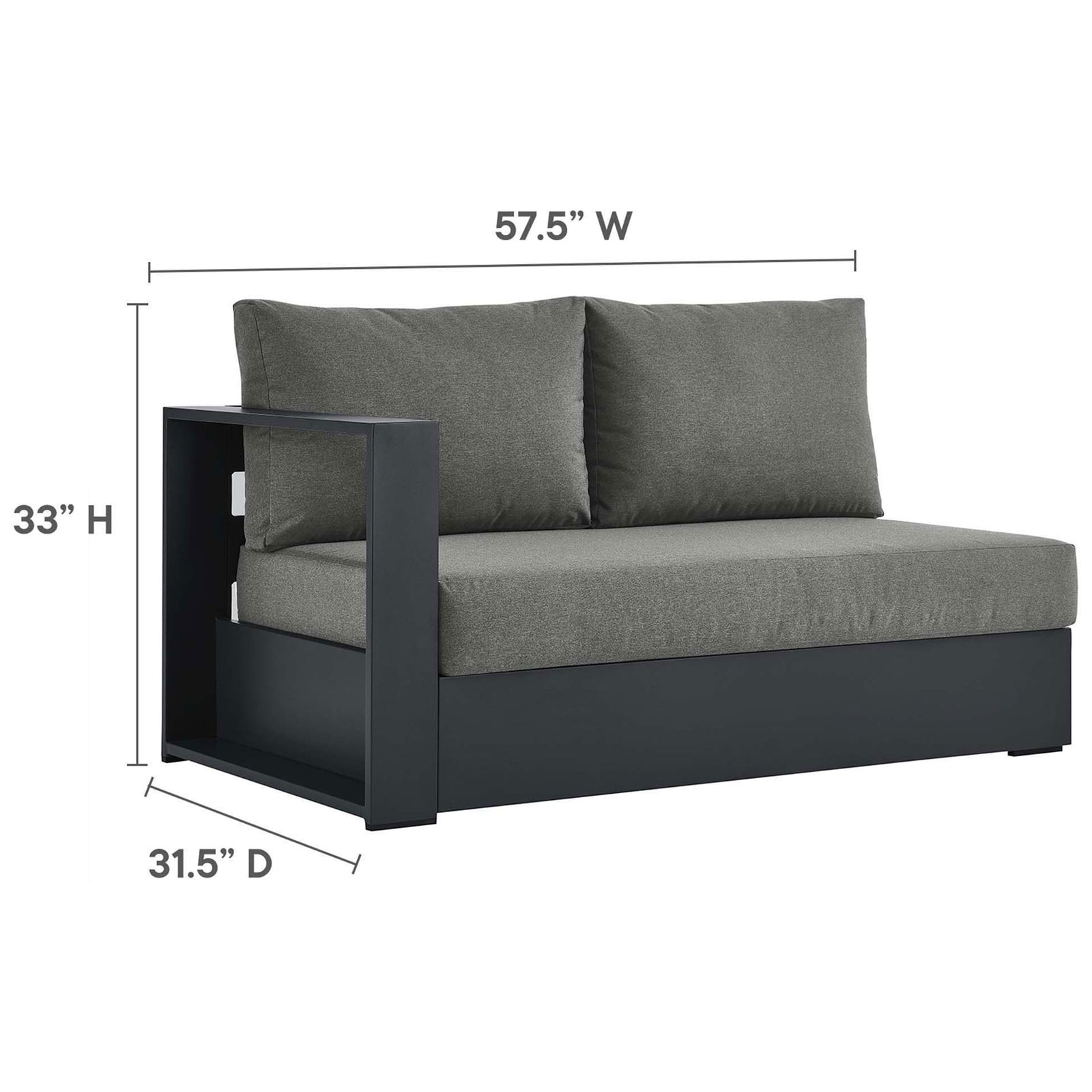 Left arm loveseat module for the sectional with width, depth, and height dimensions labeled beside the frame || EEI-6671-GRY-CHA || dimension_studio