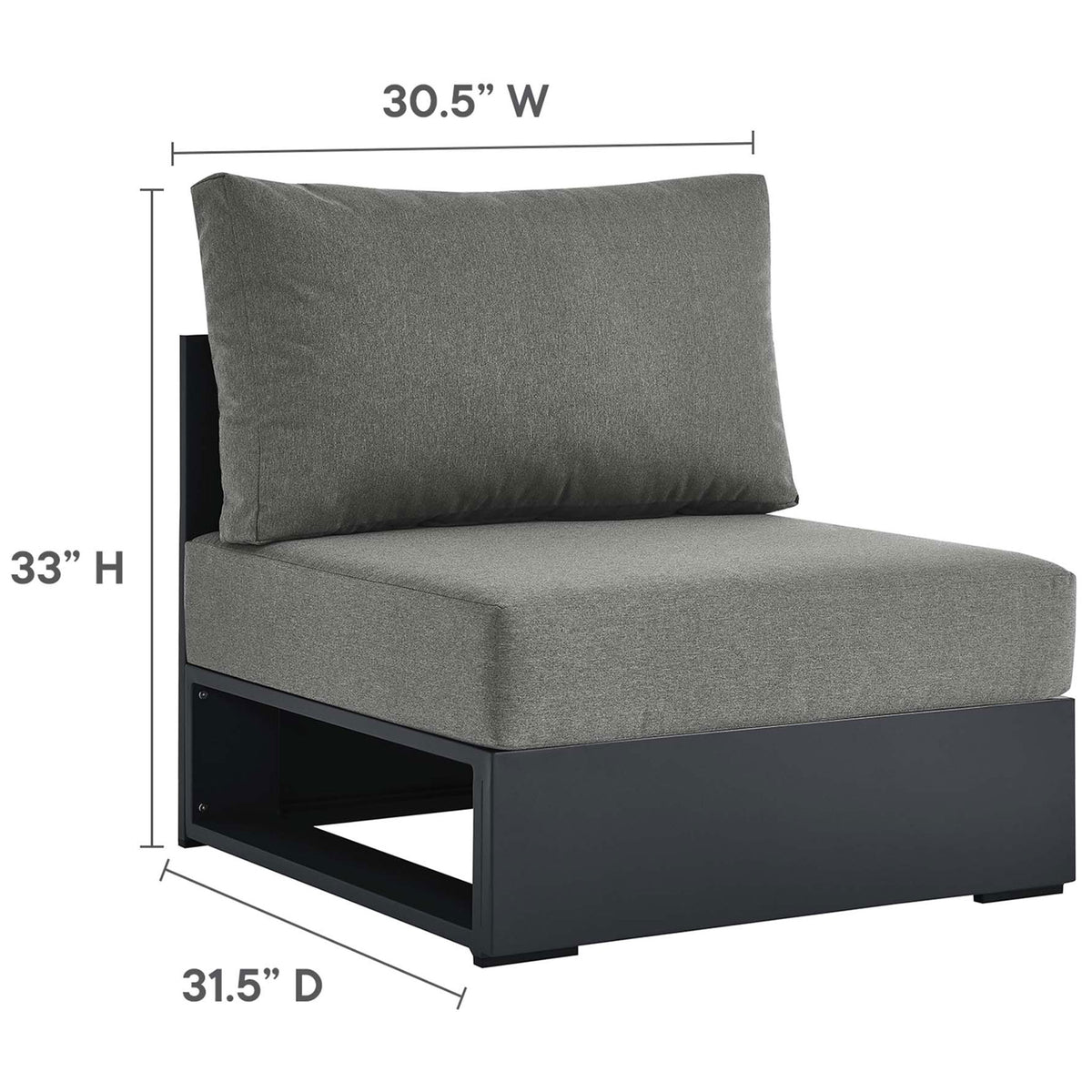 Armless center chair section with simple metal base and clearly marked overall measurements || EEI-6671-GRY-CHA || dimension_studio