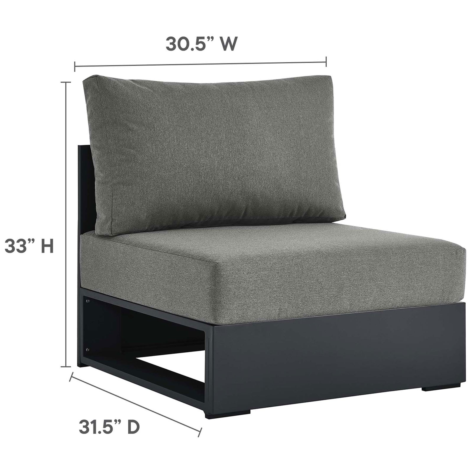 Armless center chair section with simple metal base and clearly marked overall measurements || EEI-6671-GRY-CHA || dimension_studio