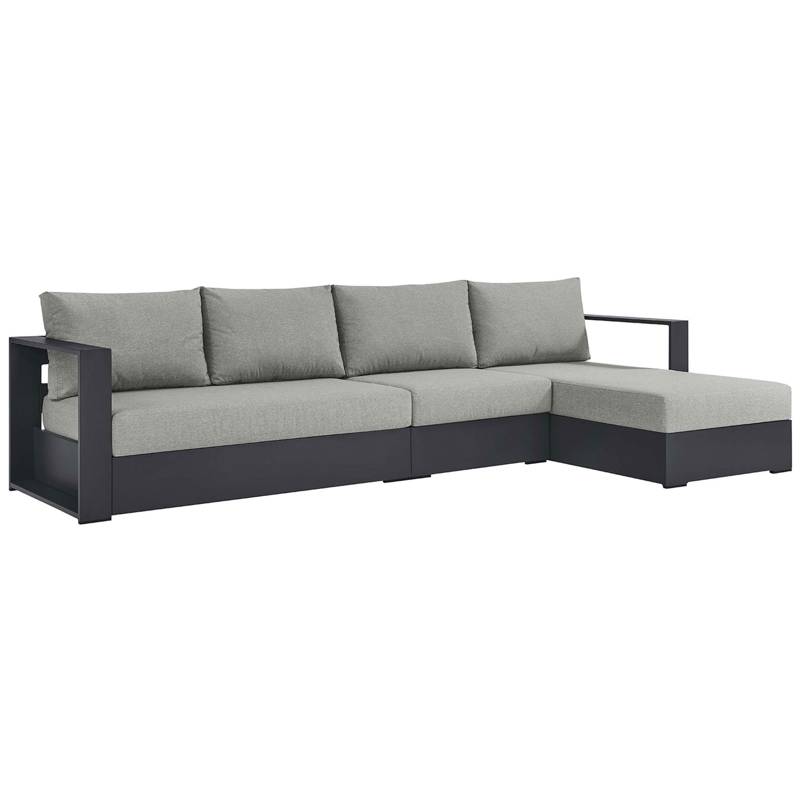 Right facing chaise sectional sofa in soft gray upholstery with boxy modern profile and slim arms || EEI-6671-GRY-GRY || front_angle_studio