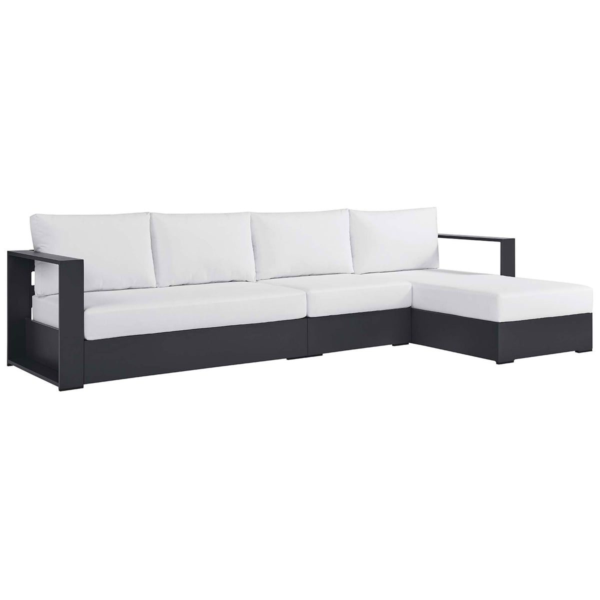 Right facing chaise sectional in bright white upholstery with bold, geometric arms and low profile base || EEI-6671-GRY-WHI || front_angle_studio