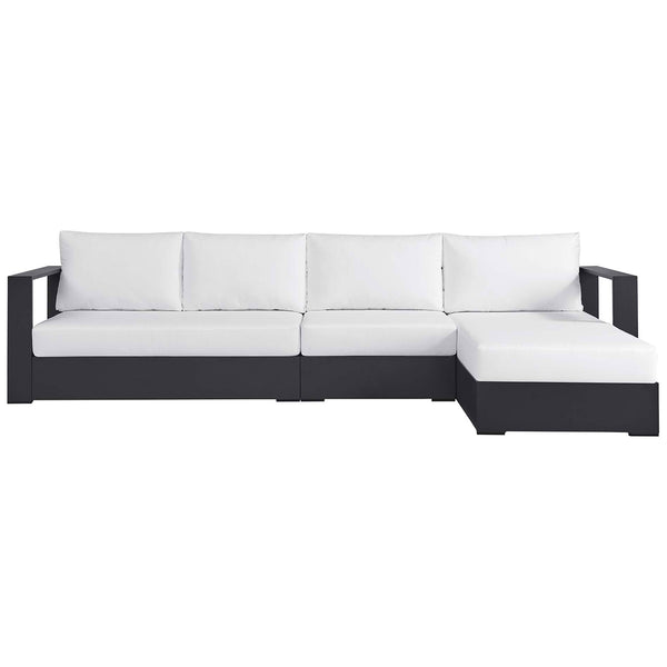 White cushion right chaise sectional with three seats and a sleek charcoal aluminum frame || EEI-6671-GRY-WHI || front_studio