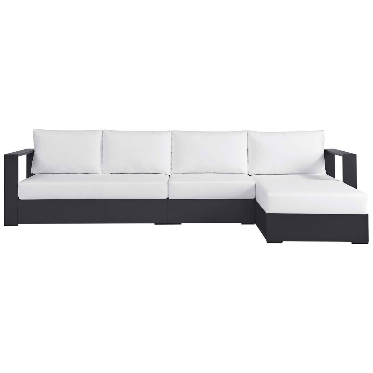 White cushion right chaise sectional with three seats and a sleek charcoal aluminum frame || EEI-6671-GRY-WHI || front_studio