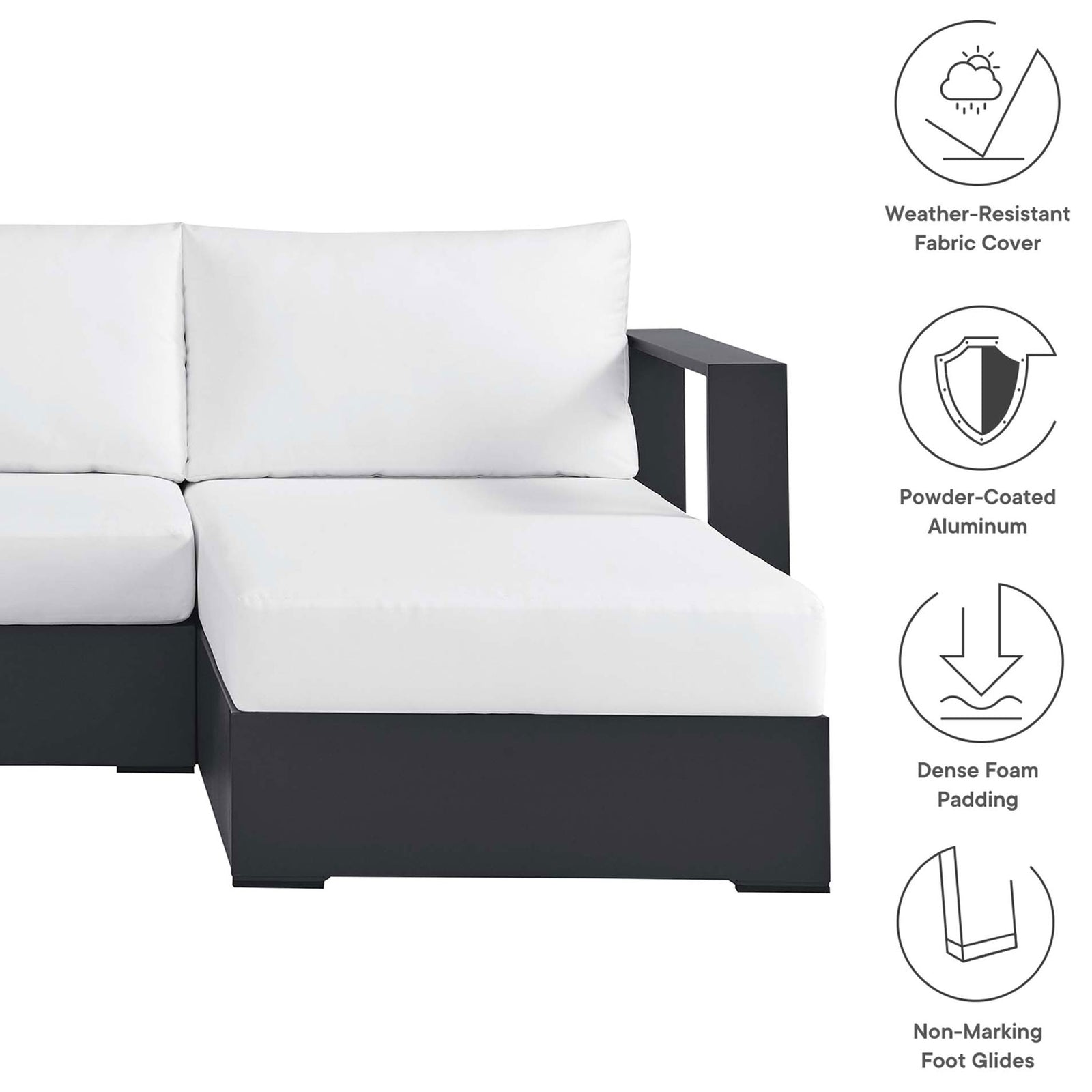 Chaise seating with icons emphasizing weather resistant fabric, aluminum construction, foam padding, and foot glides || EEI-6671-GRY-WHI || callout_studio