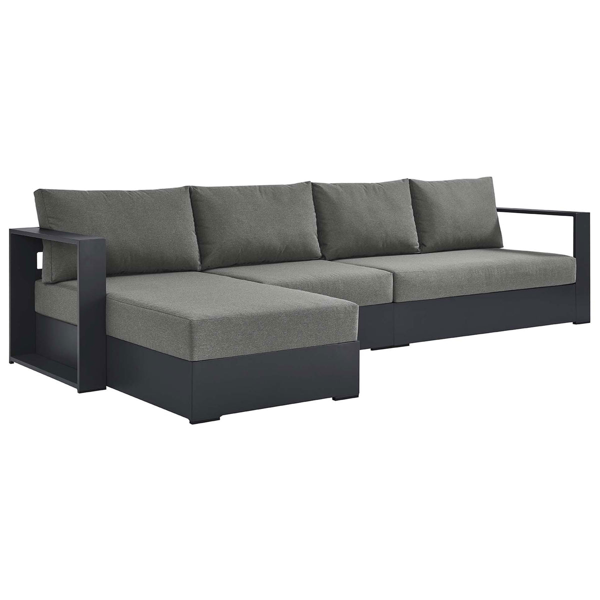 Modern left facing outdoor chaise sectional showcasing clean lines and low profile track arms in dark charcoal || EEI-6672-GRY-CHA || front_angle_studio