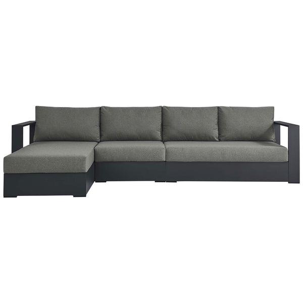 Charcoal gray left chaise sectional with deep cushions and sleek powder coated aluminum frame || EEI-6672-GRY-CHA || front_studio