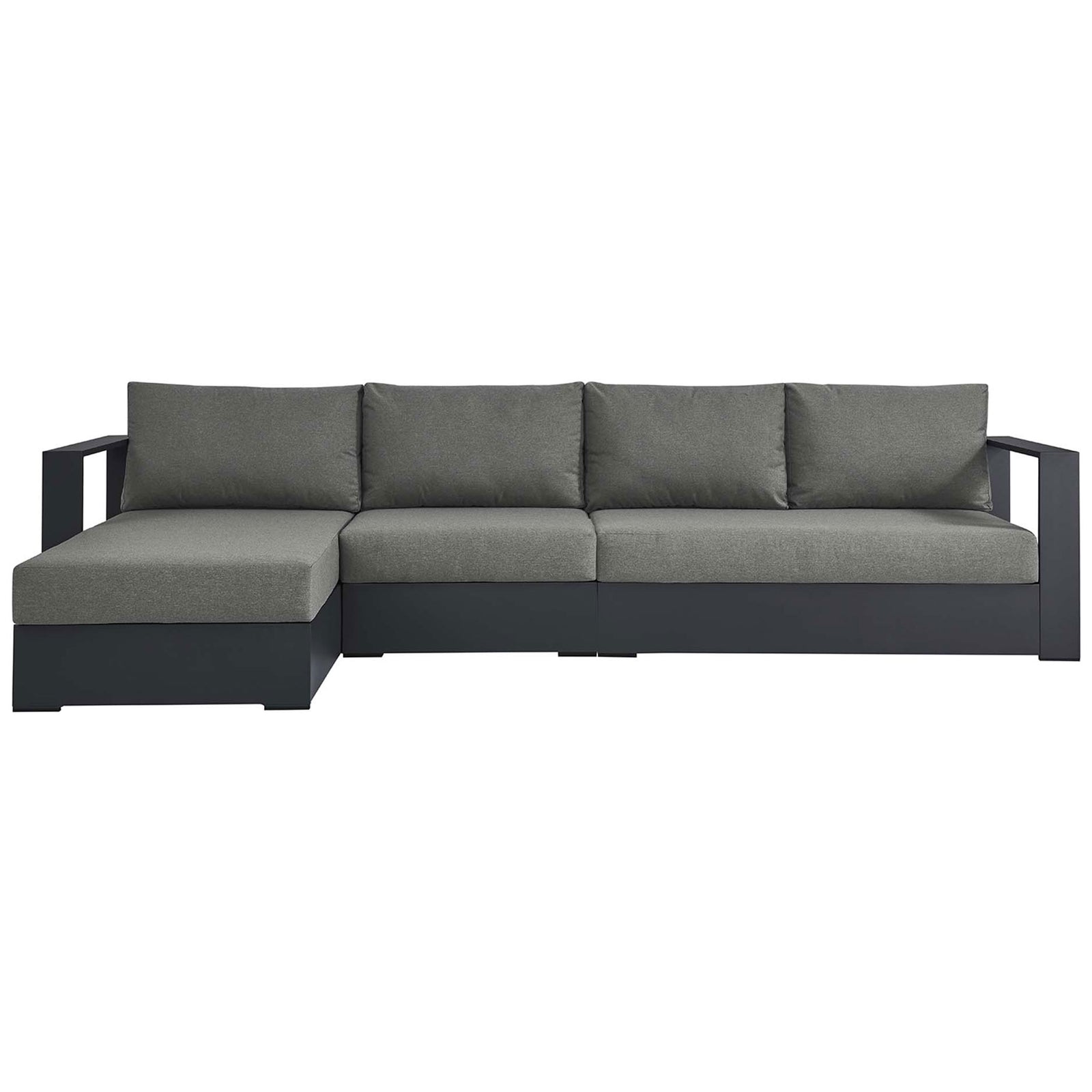 Charcoal gray left chaise sectional with deep cushions and sleek powder coated aluminum frame || EEI-6672-GRY-CHA || front_studio