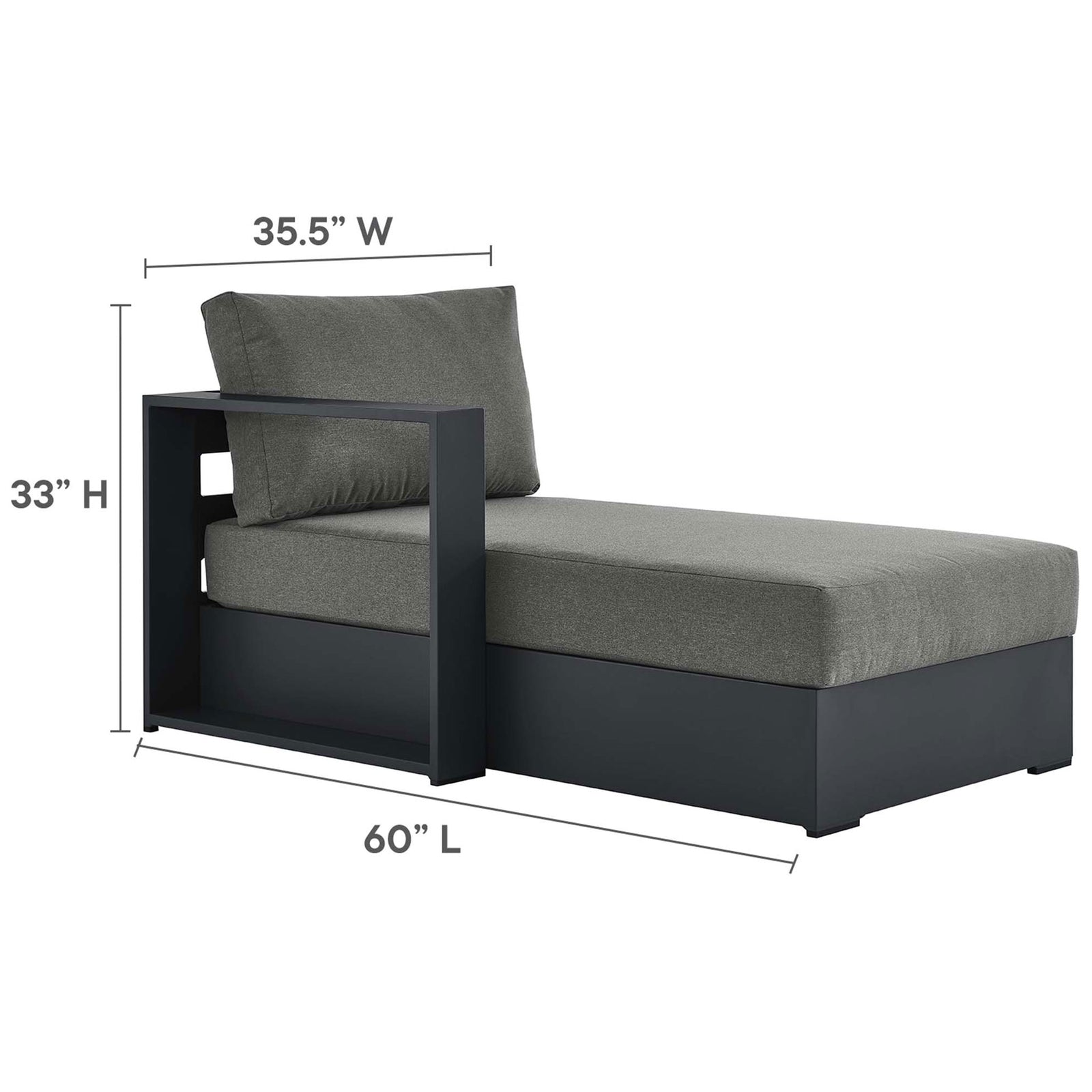 Left facing chaise lounge component with clearly labeled measurements for length, width, and height || EEI-6672-GRY-CHA || dimension_studio