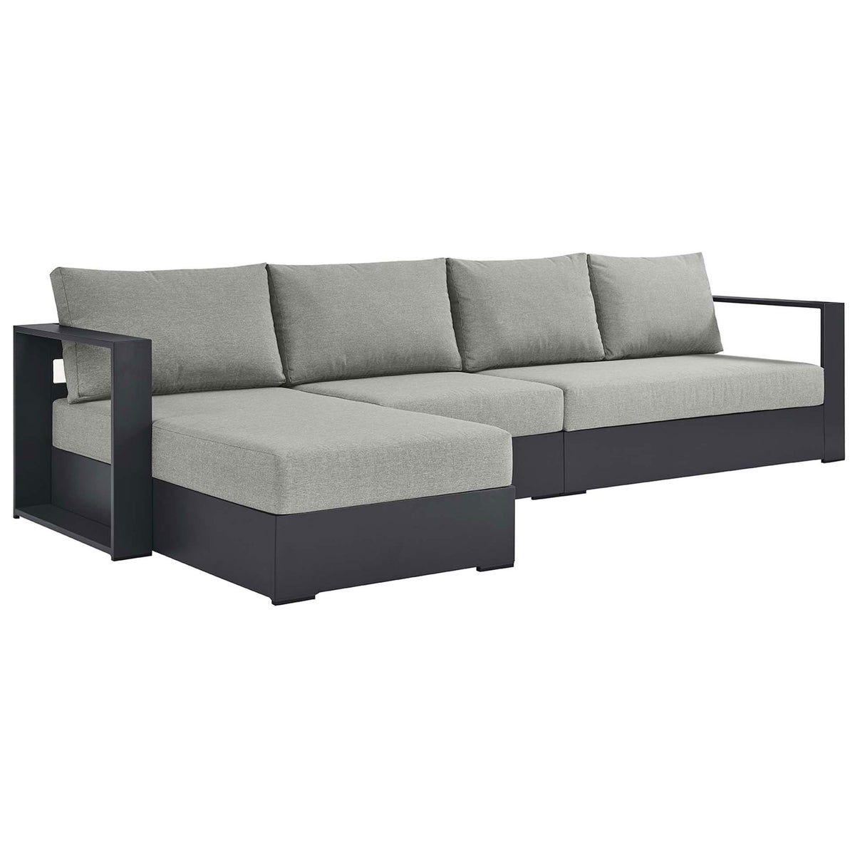Left facing outdoor chaise sectional in soft gray fabric with crisp modern lines and low arms || EEI-6672-GRY-GRY || front_angle_studio