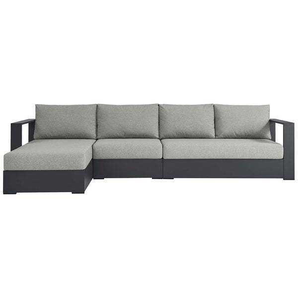 Light gray left chaise sectional with three seat cushions and a sturdy charcoal powder coated base || EEI-6672-GRY-GRY || front_studio