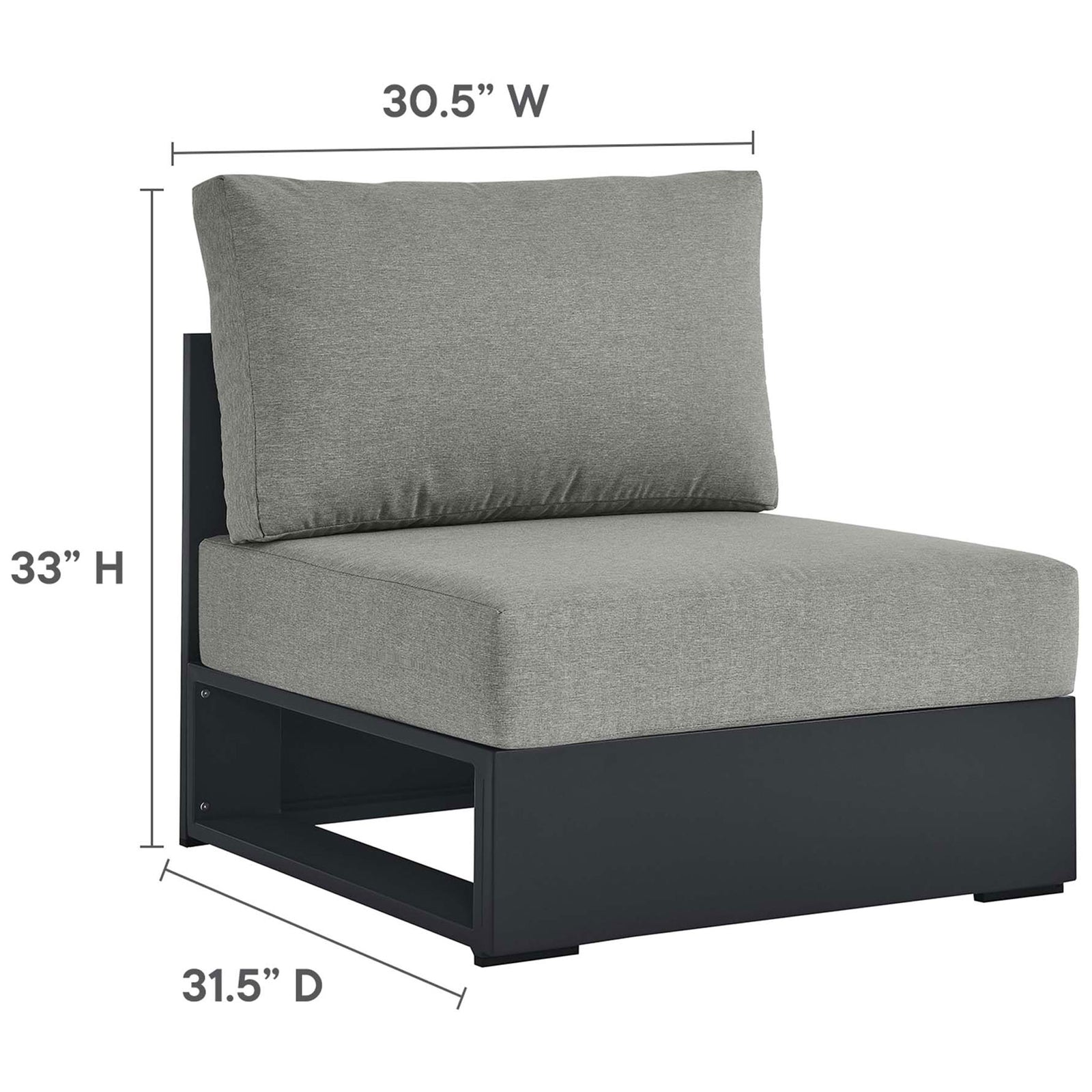 Armless modular seat in light gray upholstery with width, depth, and height measurements shown || EEI-6672-GRY-GRY || dimension_studio