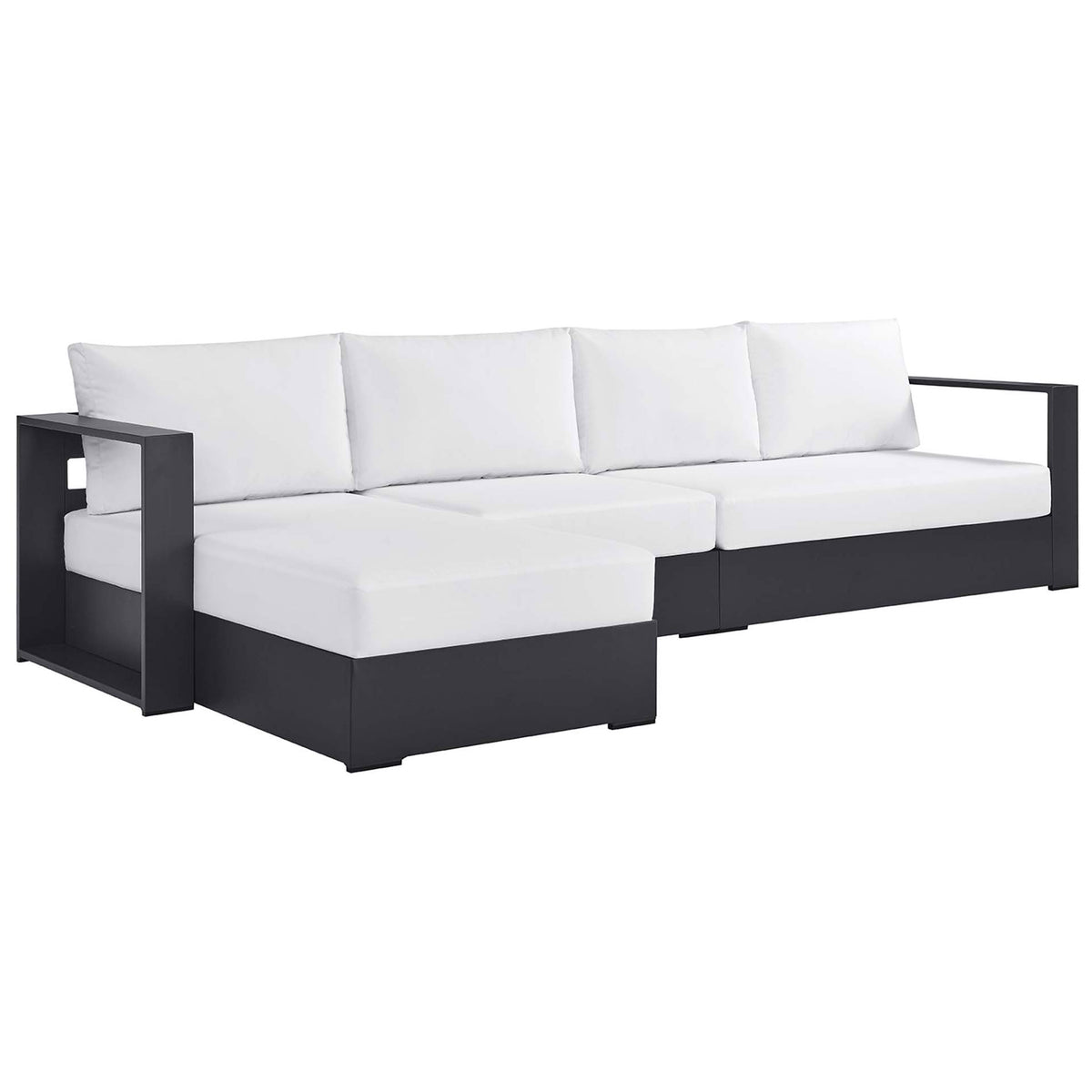 Left facing chaise sectional with bright white cushions and wide modern arms for a crisp outdoor look || EEI-6672-GRY-WHI || front_angle_studio