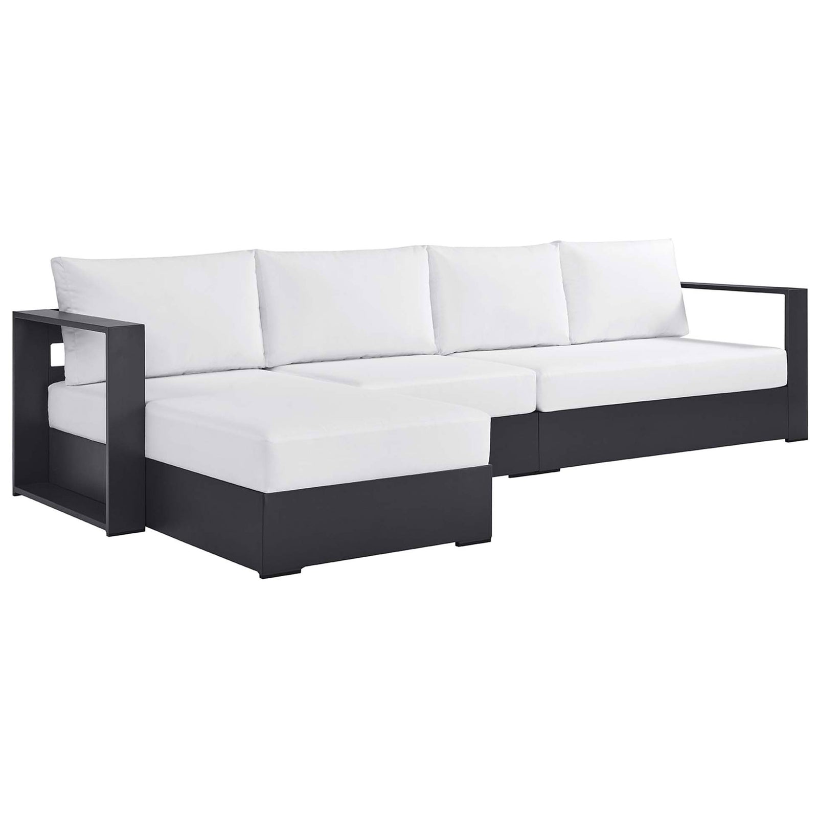 Left facing chaise sectional with bright white cushions and wide modern arms for a crisp outdoor look || EEI-6672-GRY-WHI || front_angle_studio