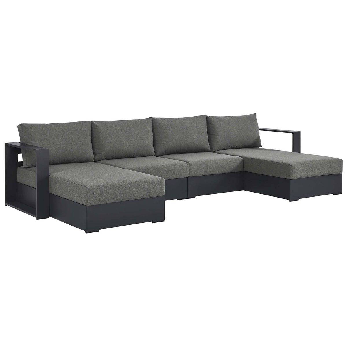 Contemporary outdoor sectional with dark charcoal cushions and sleek low-profile aluminum frame for spacious lounging || EEI-6676-GRY-CHA || front_angle_studio