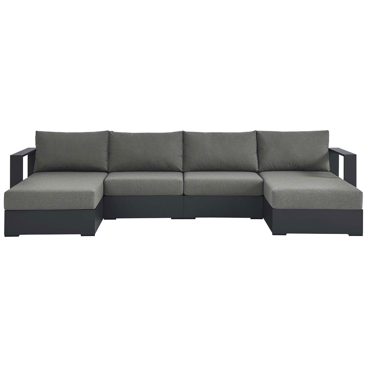Tahoe 4-piece outdoor sectional with deep gray cushions and wide track arms for modern poolside comfort || EEI-6676-GRY-CHA || front_studio
