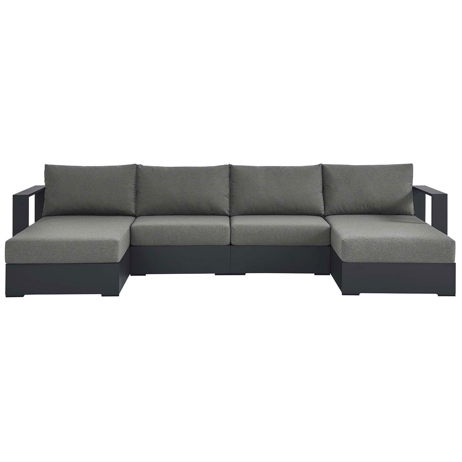 Tahoe 4-piece outdoor sectional with deep gray cushions and wide track arms for modern poolside comfort || EEI-6676-GRY-CHA || front_studio