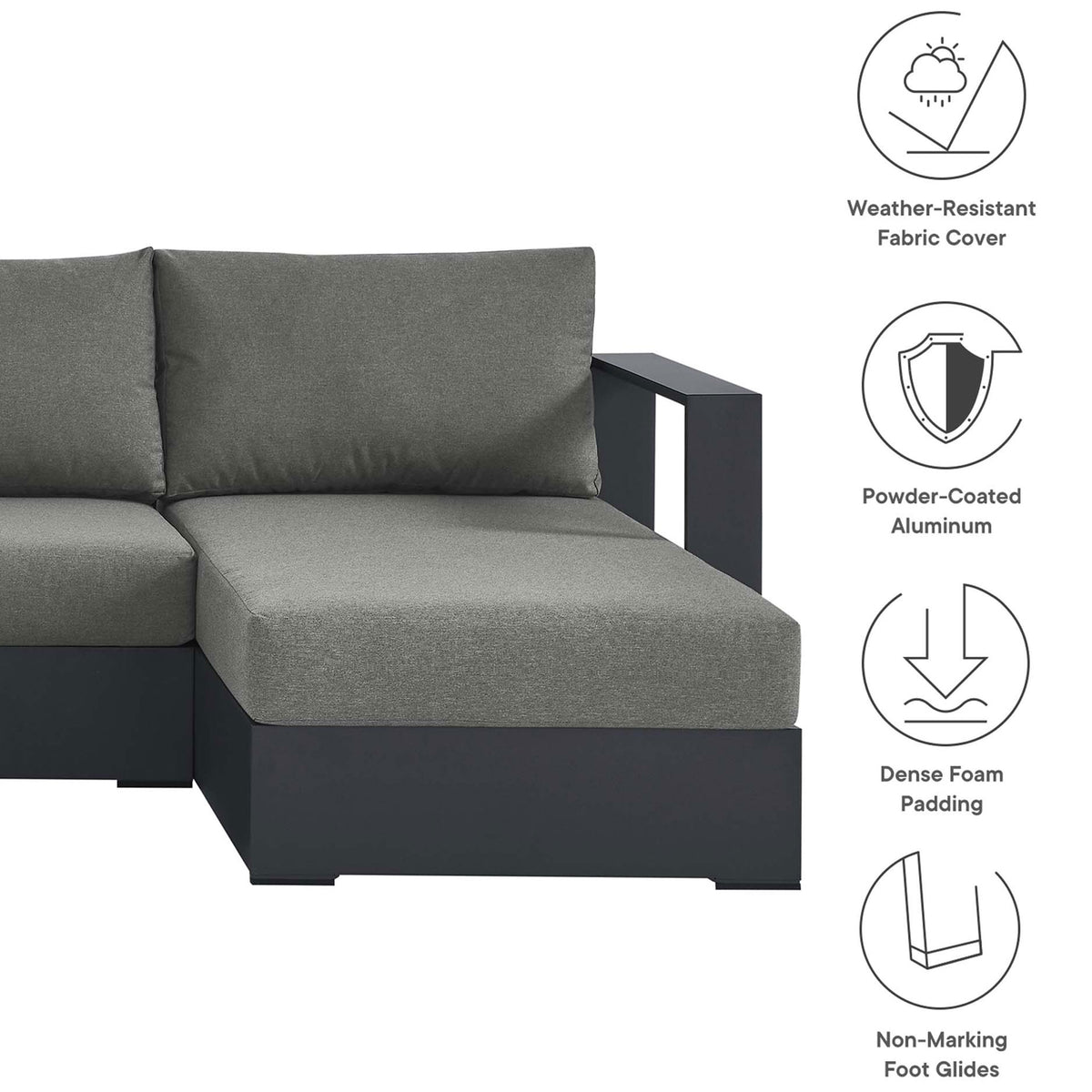 Sectional end highlighting weather-resistant charcoal cushions, powder-coated aluminum frame, and dense foam support || EEI-6676-GRY-CHA || callout_studio
