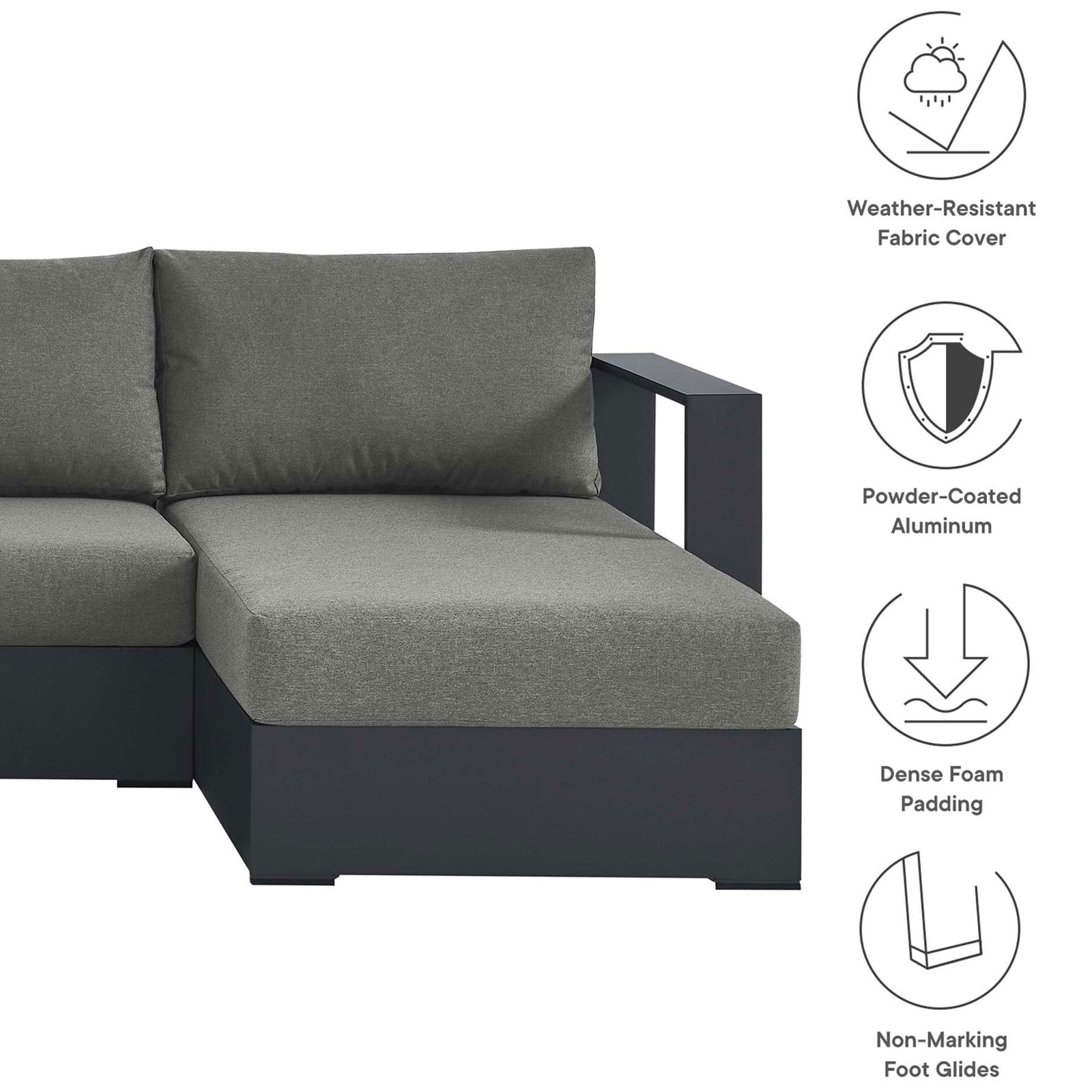 Sectional end highlighting weather-resistant charcoal cushions, powder-coated aluminum frame, and dense foam support || EEI-6676-GRY-CHA || callout_studio