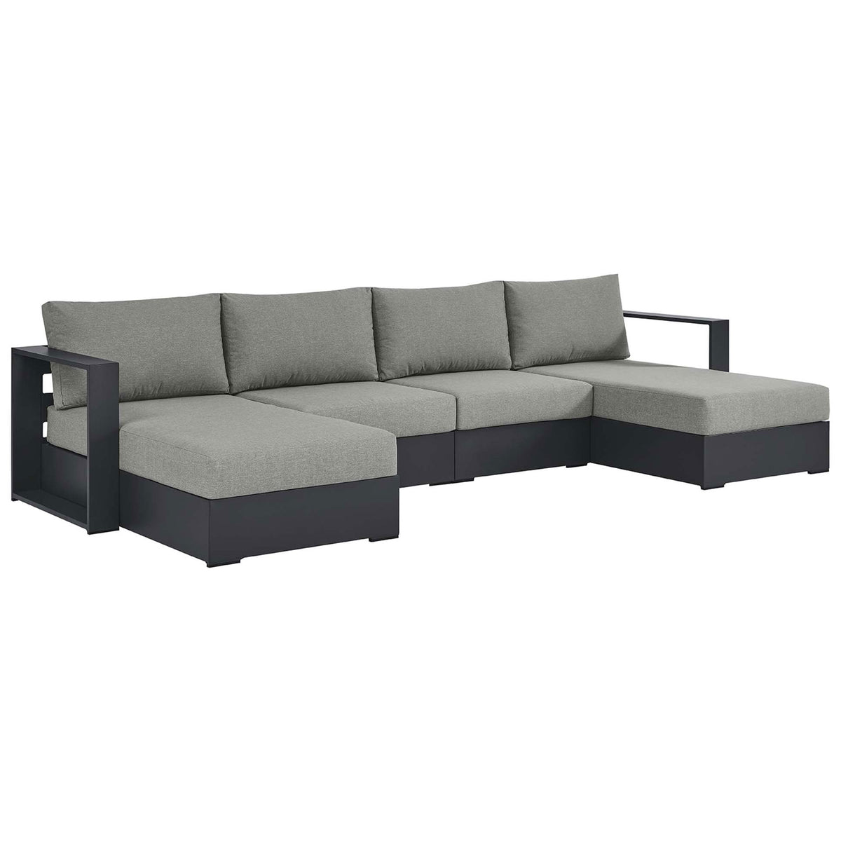Contemporary outdoor sectional with soft gray cushions and charcoal aluminum base for laid-back patio lounging || EEI-6676-GRY-GRY || front_angle_studio