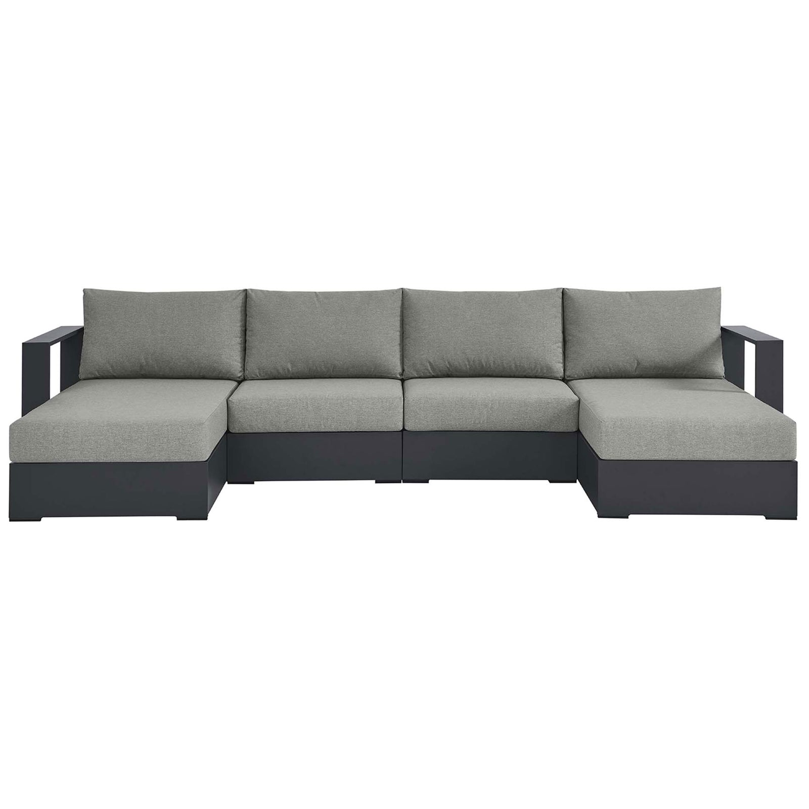 Tahoe 4-piece outdoor sectional with light gray cushions and broad track arms for clean modern lines || EEI-6676-GRY-GRY || front_studio
