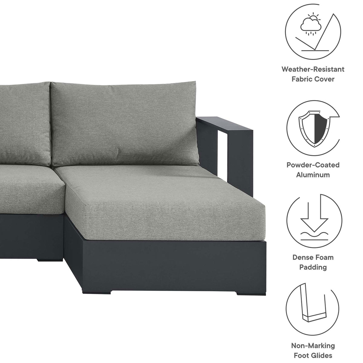 Sectional end highlighting weather-resistant gray cushions, powder-coated aluminum frame, and dense foam comfort || EEI-6676-GRY-GRY || callout_studio