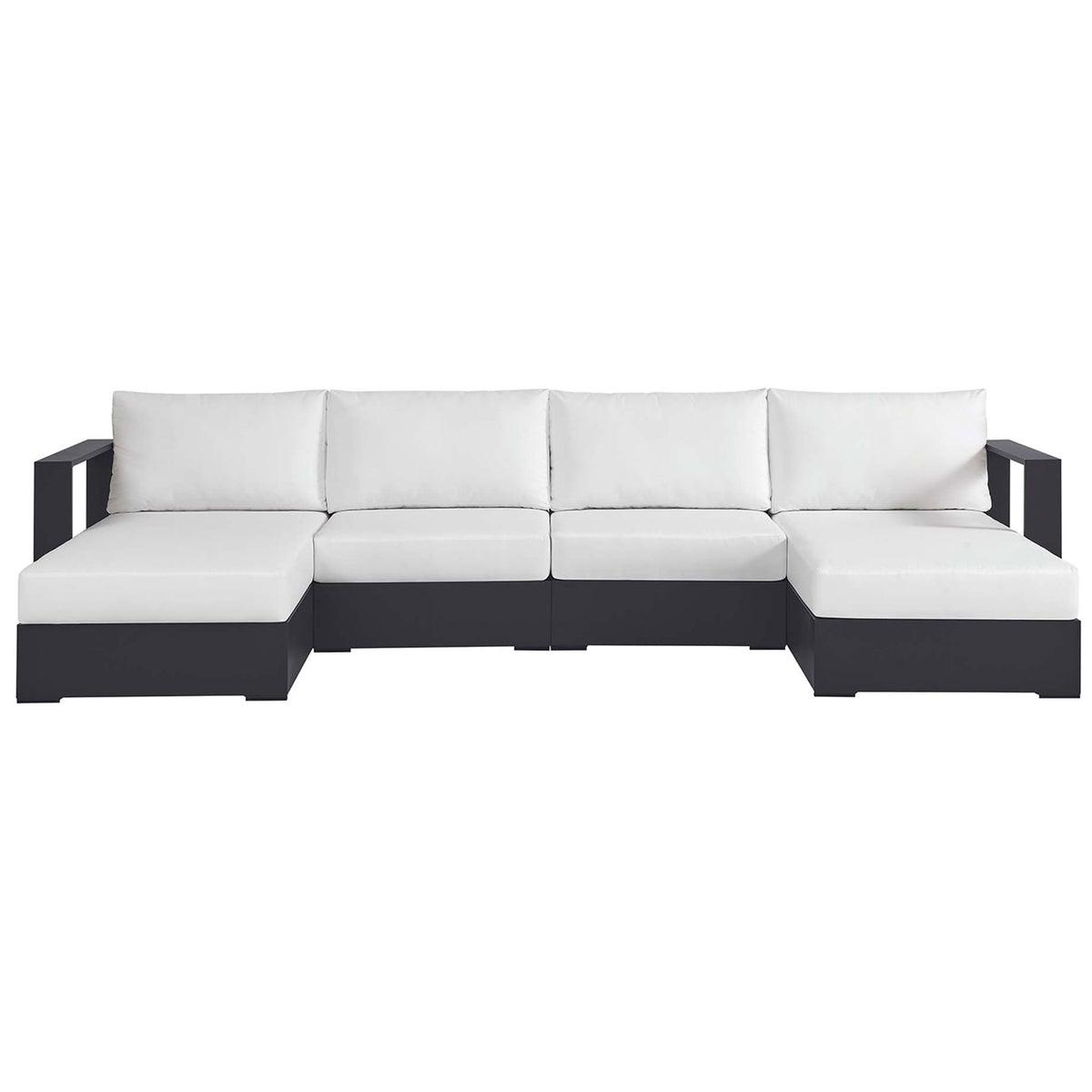 Tahoe 4-piece outdoor sectional with white cushions and bold track arms for a fresh, modern patio look || EEI-6676-GRY-WHI || front_studio