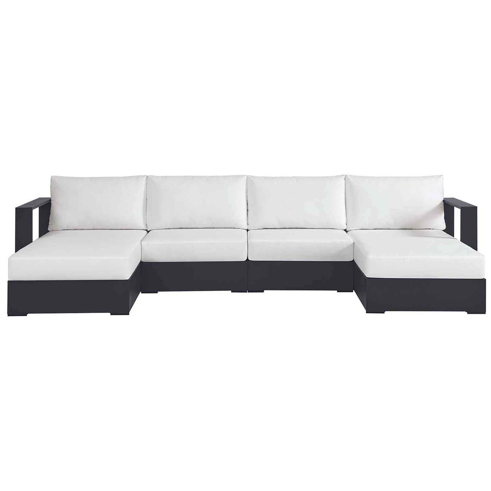 Tahoe 4-piece outdoor sectional with white cushions and bold track arms for a fresh, modern patio look || EEI-6676-GRY-WHI || front_studio