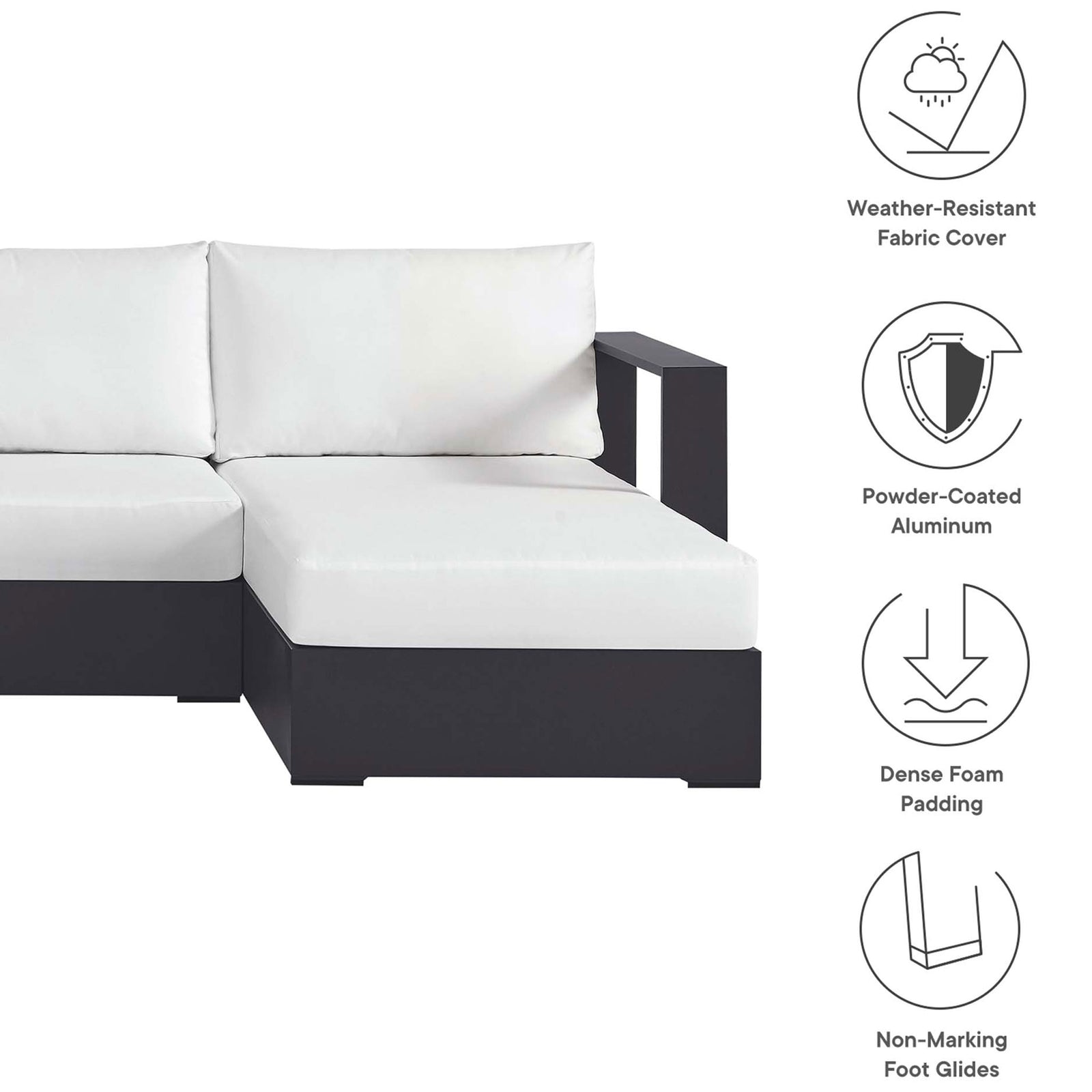 Sectional end highlighting weather-resistant white cushions, powder-coated aluminum frame, and dense foam comfort || EEI-6676-GRY-WHI || callout_studio