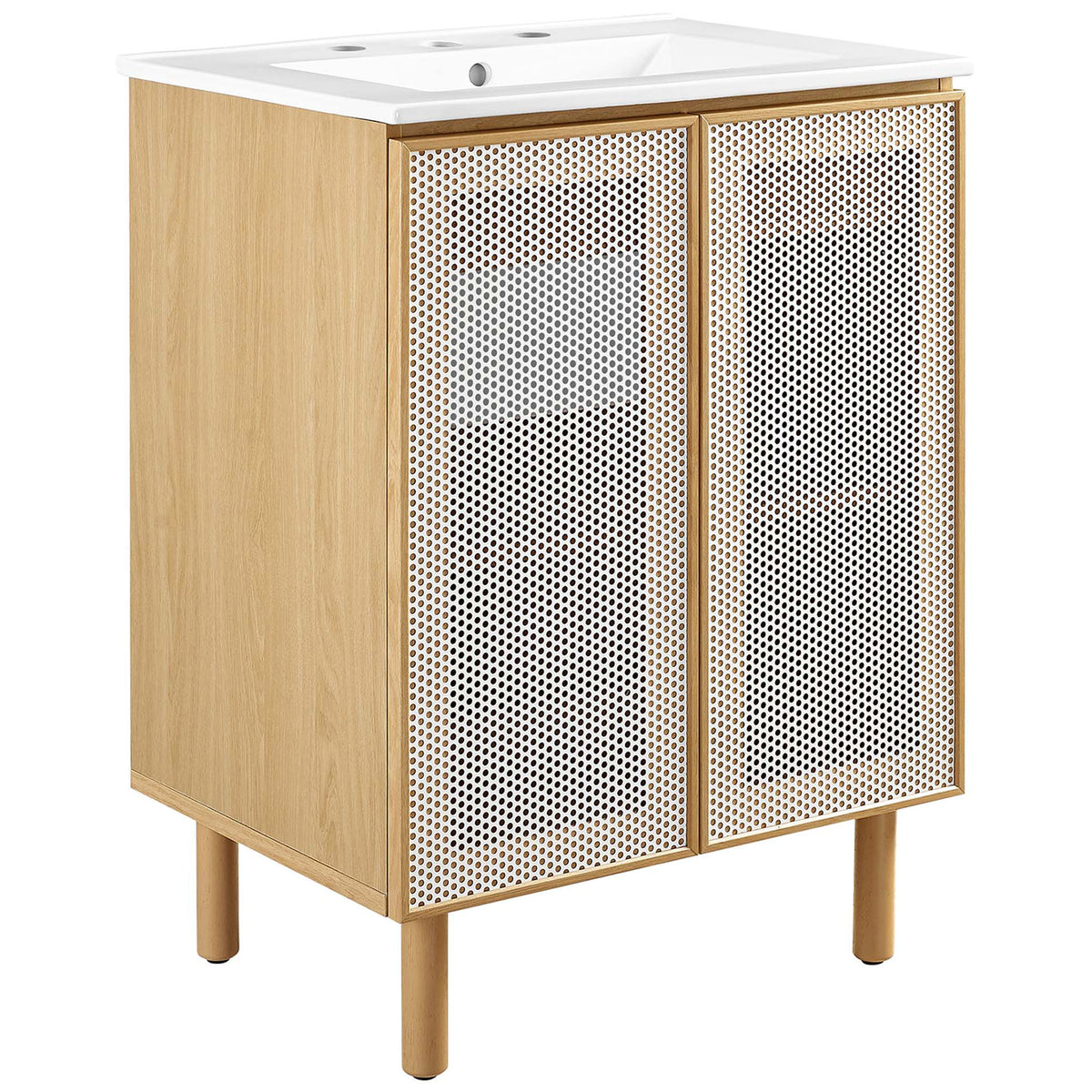 White oak vanity with perforated metal doors and integrated ceramic sink adds airy modern style. || EEI-6677-WHI-OAK || front_angle_studio