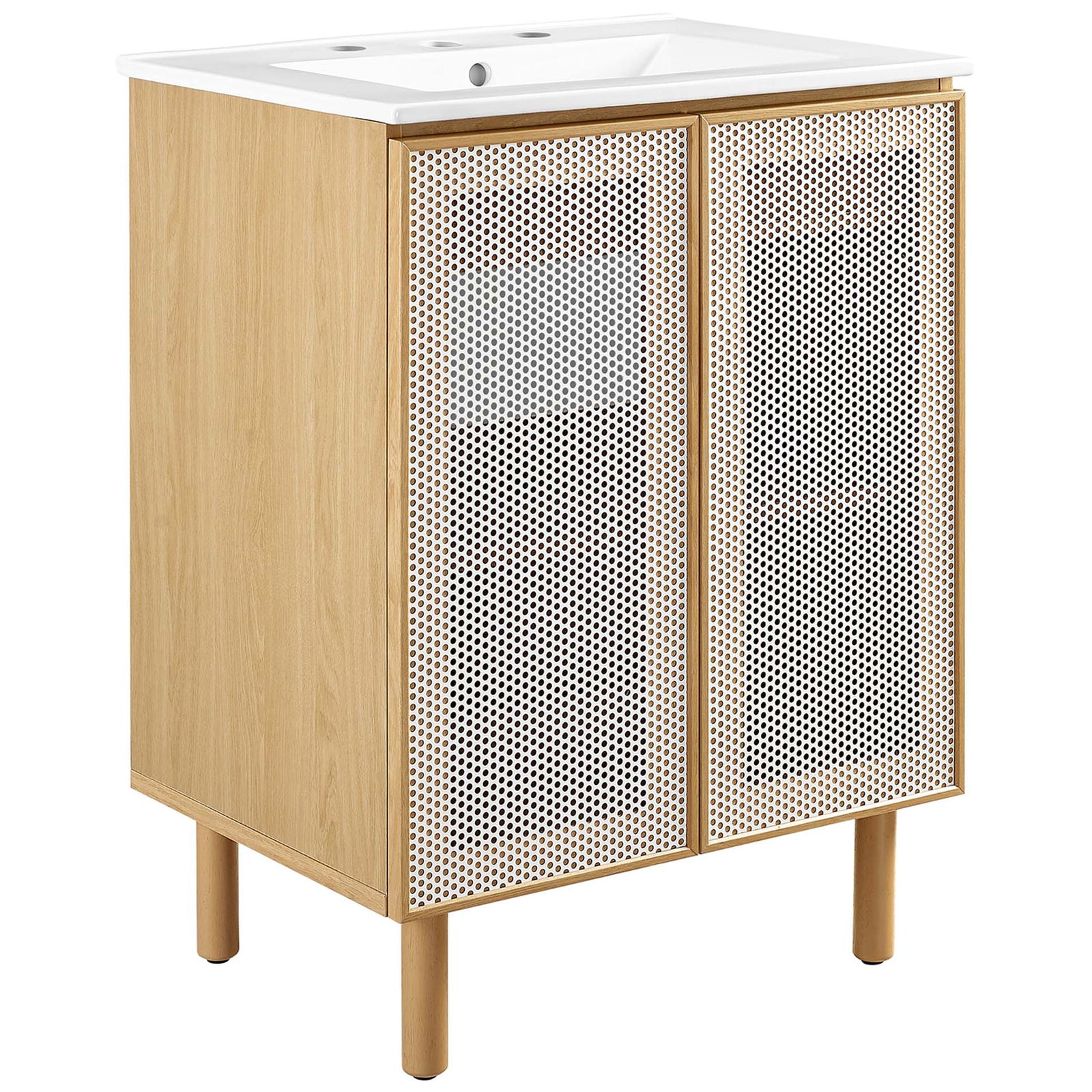 White oak vanity with perforated metal doors and integrated ceramic sink adds airy modern style. || EEI-6677-WHI-OAK || front_angle_studio