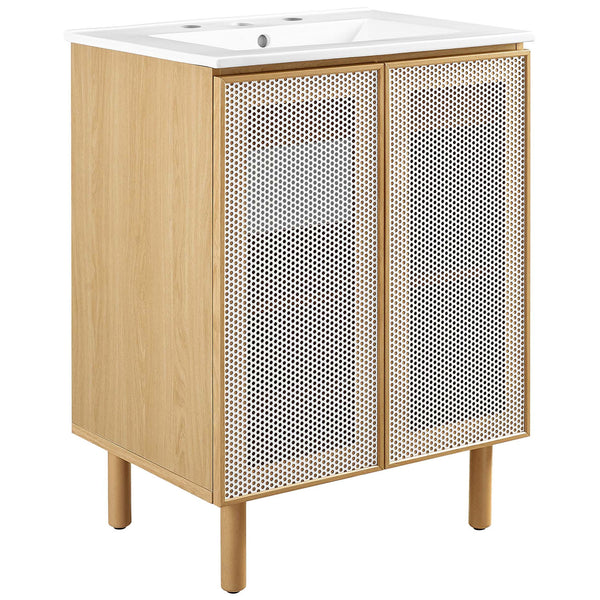 White oak vanity with perforated metal doors and integrated ceramic sink adds airy modern style. || EEI-6677-WHI-OAK || front_angle_studio